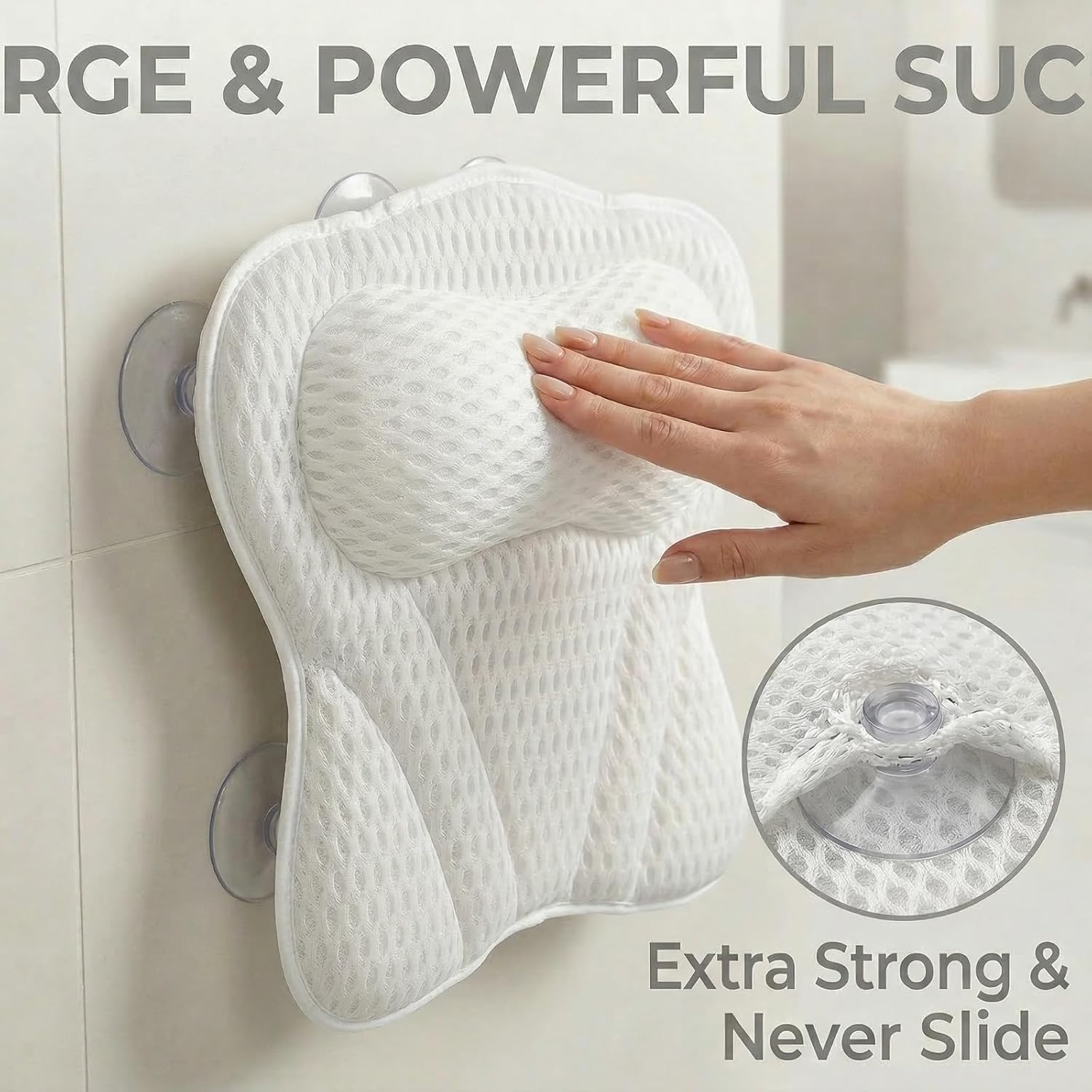 Bath Pillow for Tub, Soft Bathtub Pillow for Neck & Back Support with Breathable Fabric, Non-Slip Suction Cups, Quick-Dry Bathtub Accessory for Home Use
