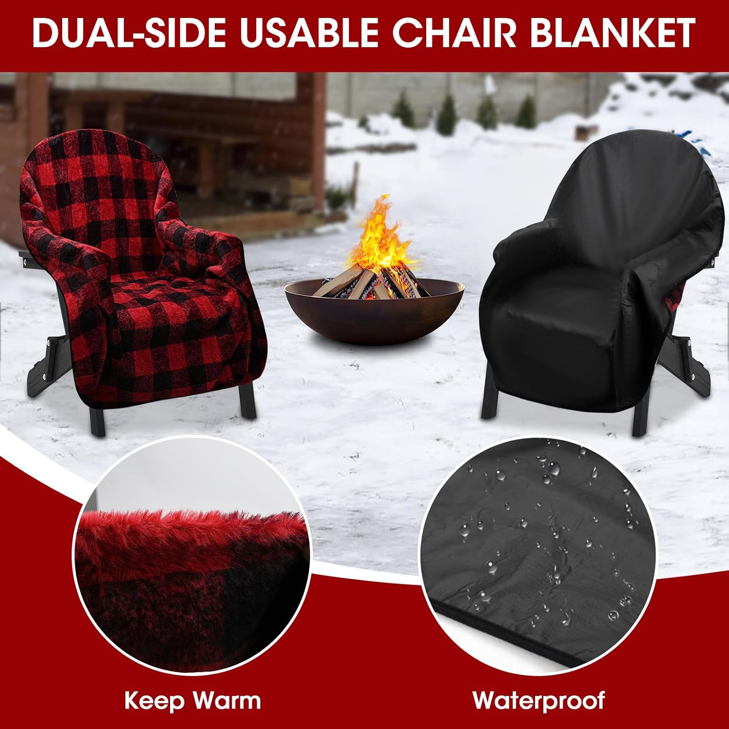 Chair Blanket for Adirondack, Reversible Faux Rabbit Fur Chair Cover for Adult Soft Warm, Waterproof Camping Outdoor Seat Cover for City Bonfires Patio, Portable