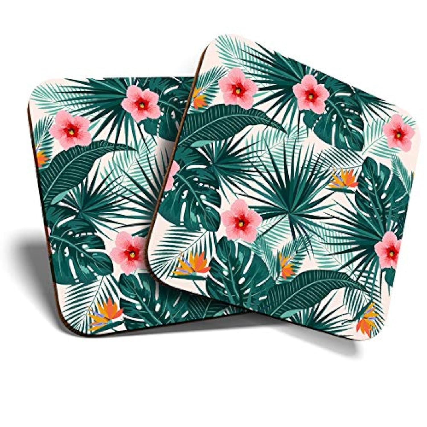 Great Coasters (Set of 2) Square/Glossy Quality Coasters/Tabletop Protection for Any Table Type - Tropical Hibiscus Flowers Leaves #14749