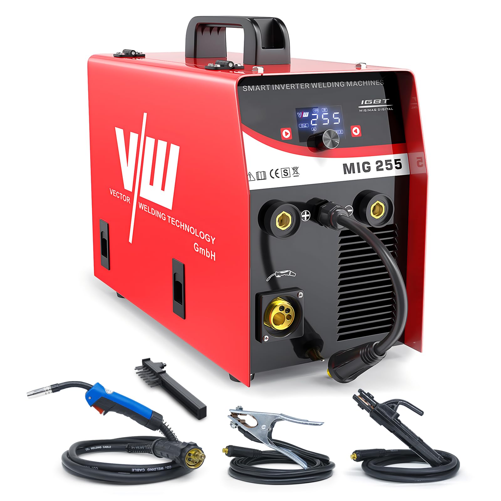 VECOR WELDING Máquina de Soldadura Mig Mag con Gas 255A Soldador Hilo Continuo con Gas MMA/MIG/Lift-TIG, Soldadora MIG con MCU, Tecnología IGBT y Pantalla LED