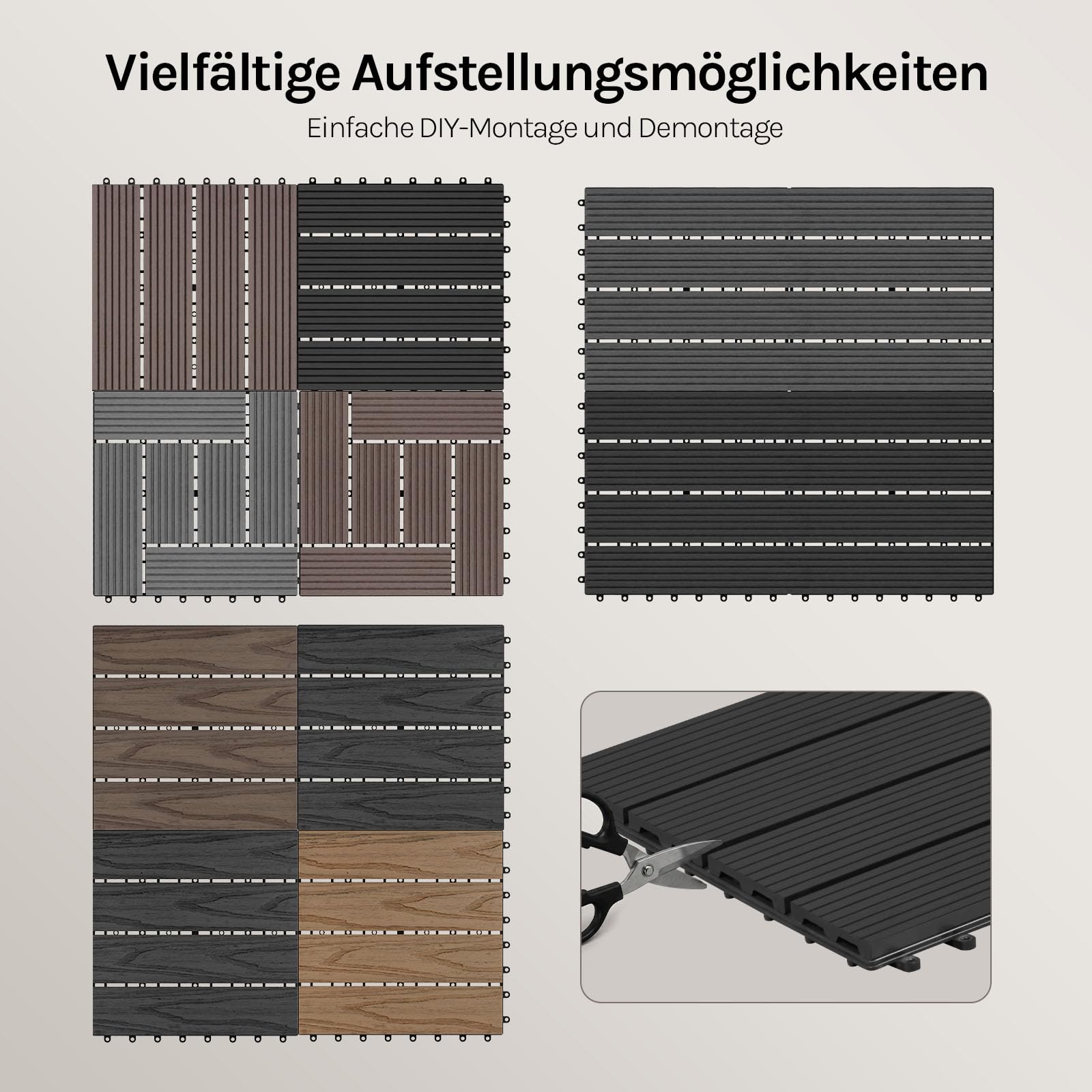 WOLTU WPC Fliese, Terrassenfliesen Holz-Optik, Bodenbelag mit Klicksystem, 30 x 60 cm, Anthrazit (12 Stück / 2 m²)