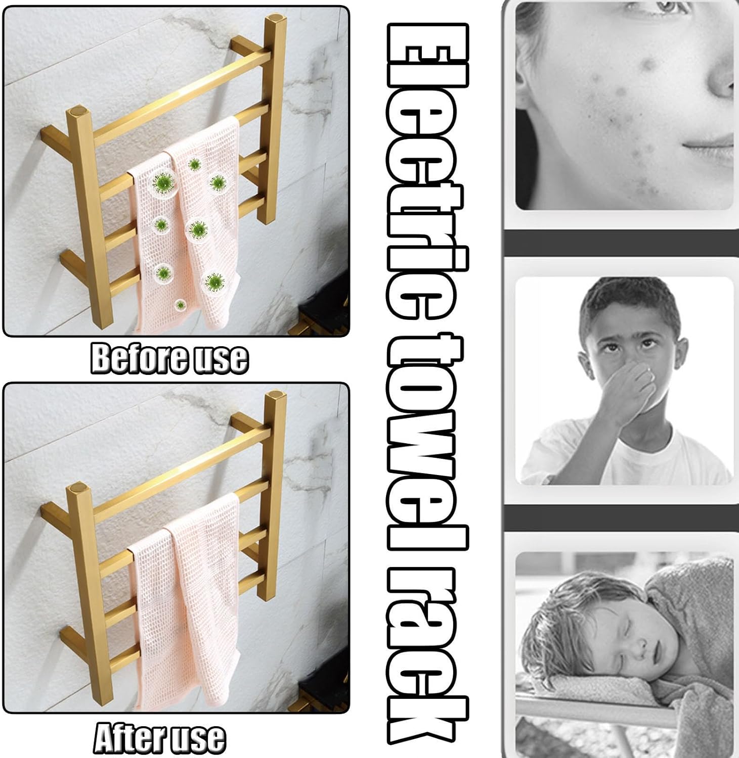 Brushed Gold,Plug in Right,4 Bars s for Bathroom,Wall Mounted Heated Towel Rack Constant Temperature,Stainless Steel Heated Drying Rack