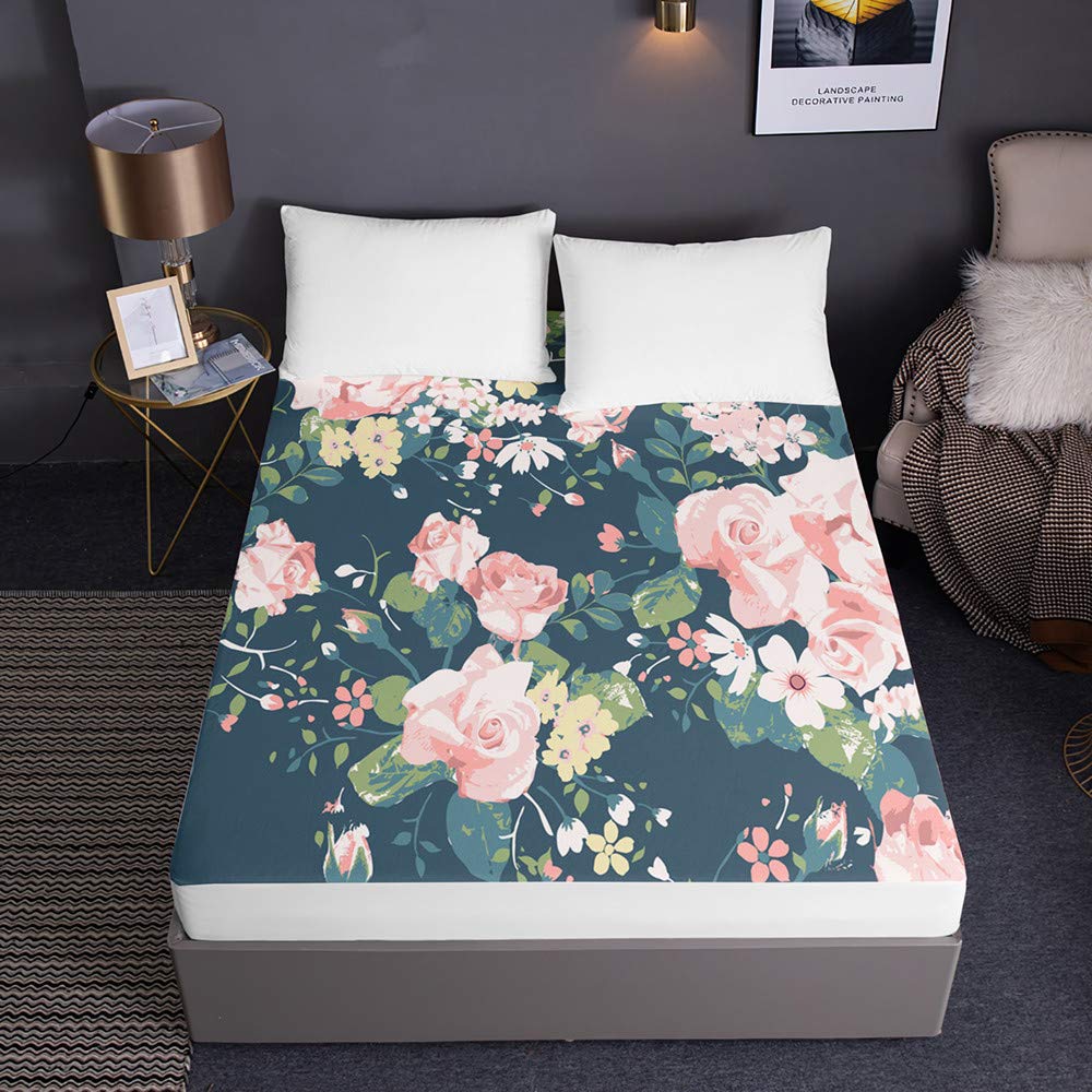 Drap housse résistant décoloration aux rides 160x200 rose fleuri Chickw1