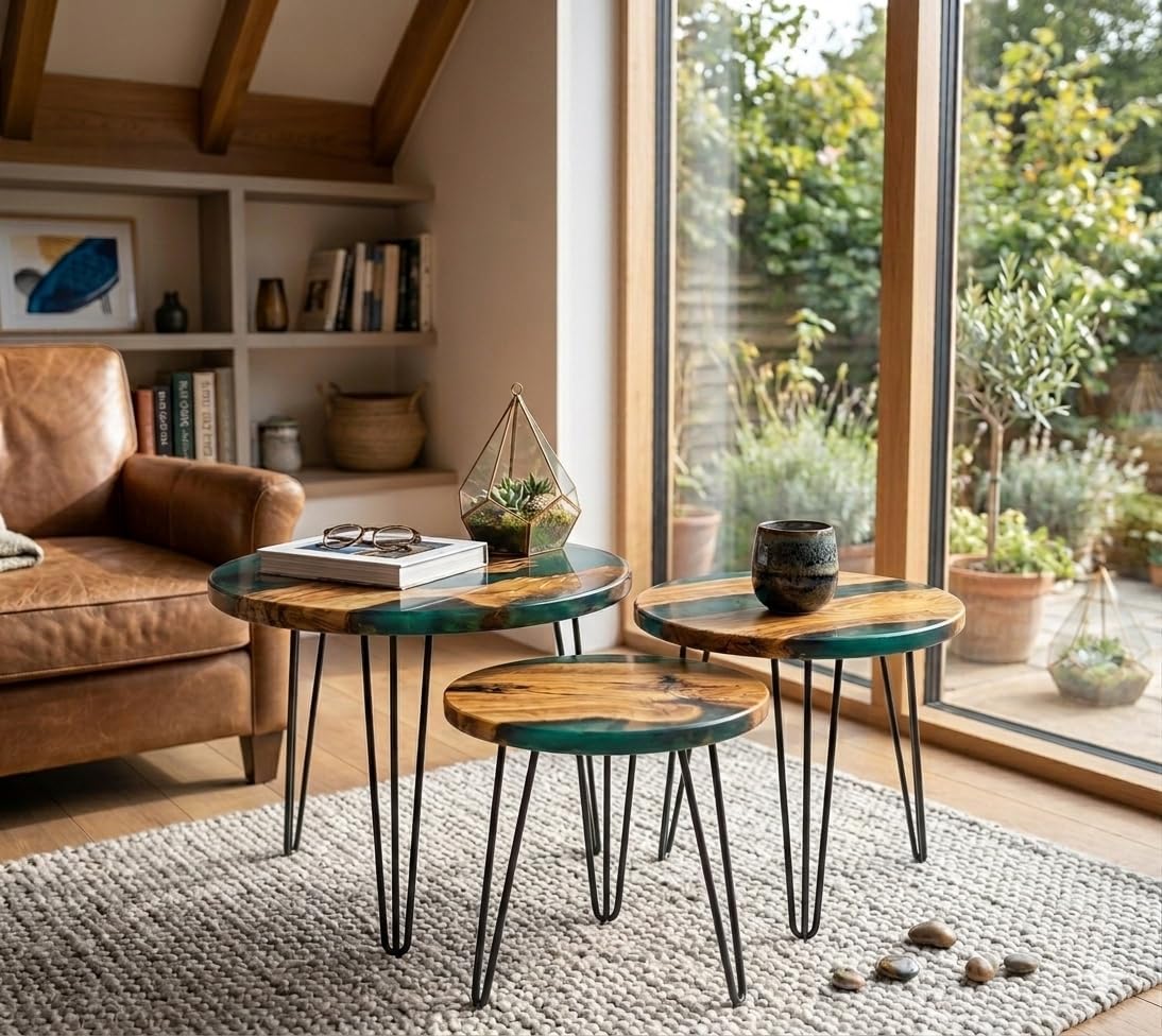Handcrafted Olive Wood and Walnut Nesting Tables with Resin Inlay, Round Tops, Hairpin Legs, Set of 3 (Green, Olive)