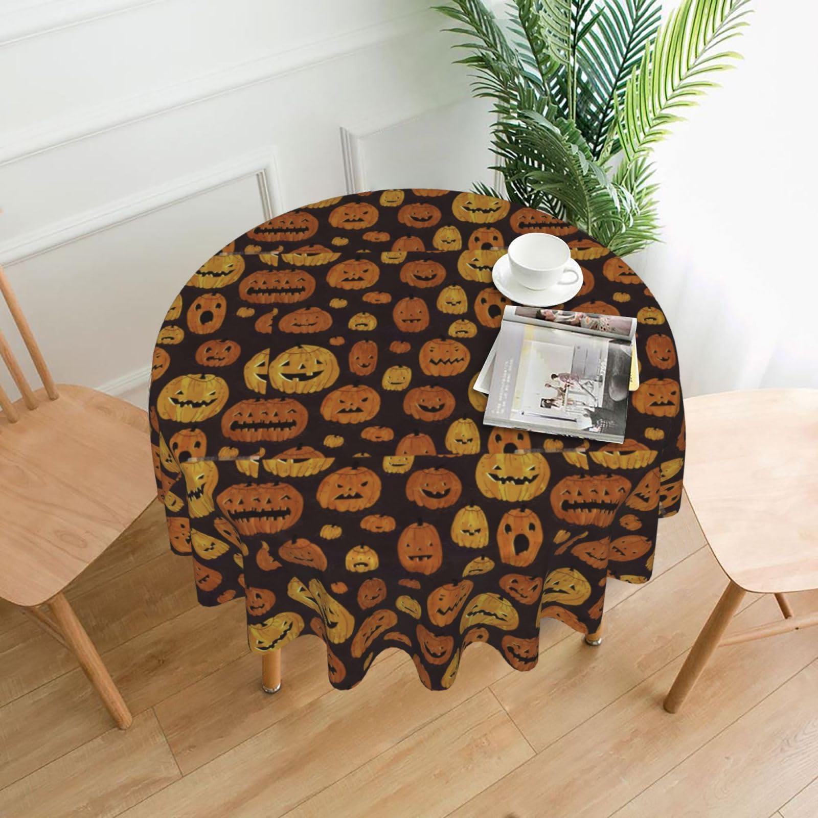 Nbtghga Halloween Pumpkin Print Tablecloth Round Border Table Cloth Cover Decorative For Party Holiday Dinning Tabletop Home