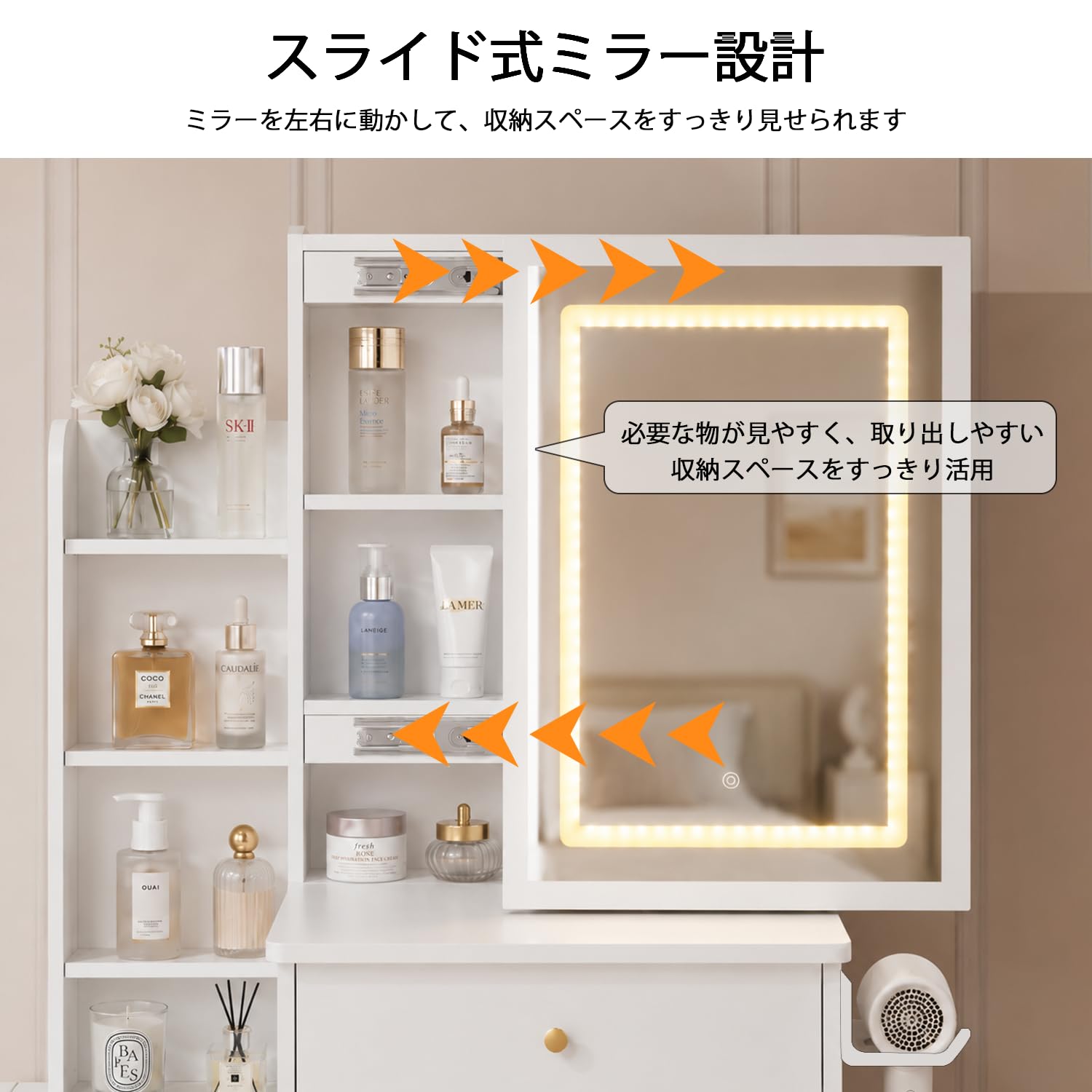 Amazon｜LAIQIANLE ドレッサー 化粧台 コンパクト 幅80cm LEDライト