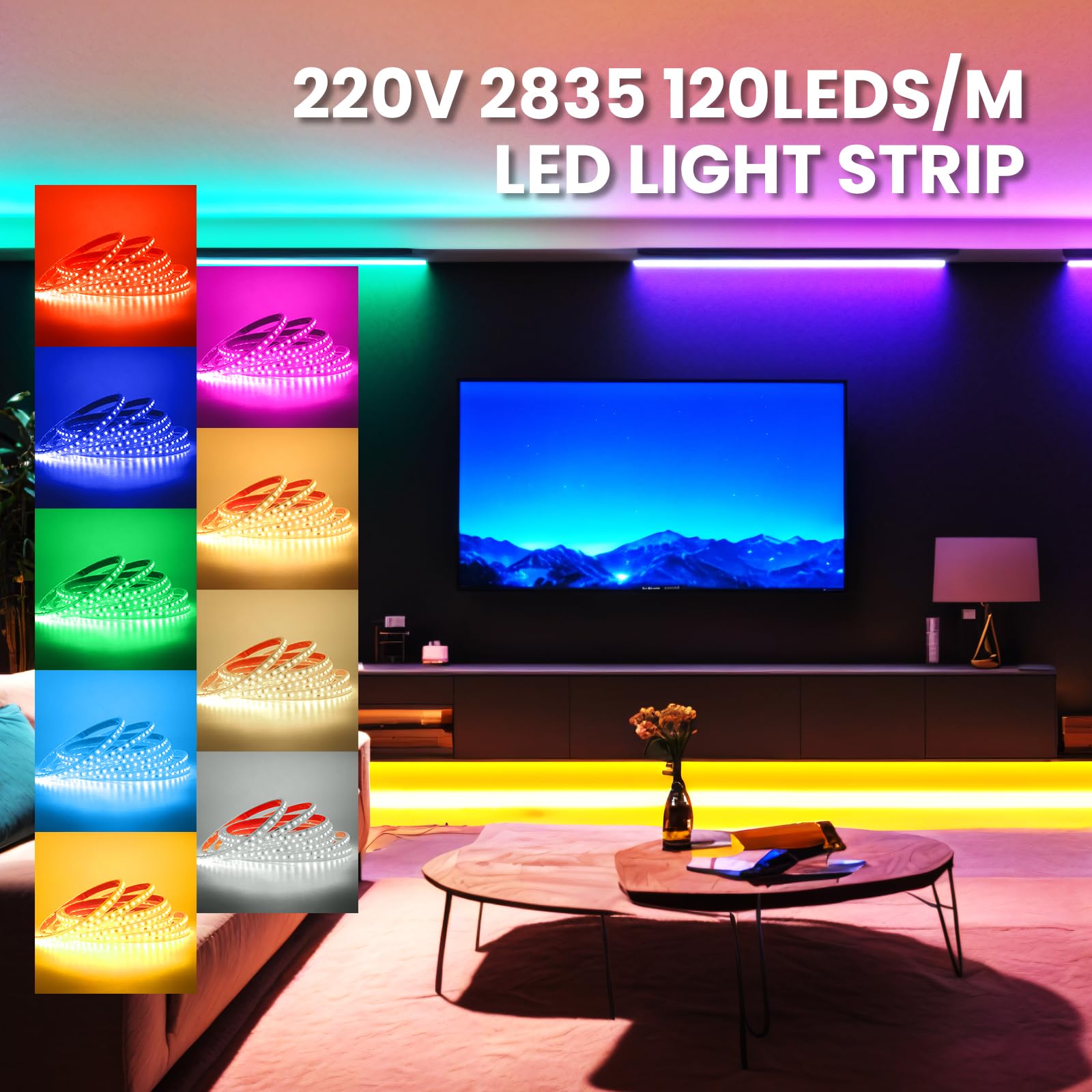 Tira LED 220V [50M, Azul], IP65 Impermeable Flexible, 120 LEDs/m Tira LED Cortable CRI85+, Iluminación Decorativa para Hogar y Tienda