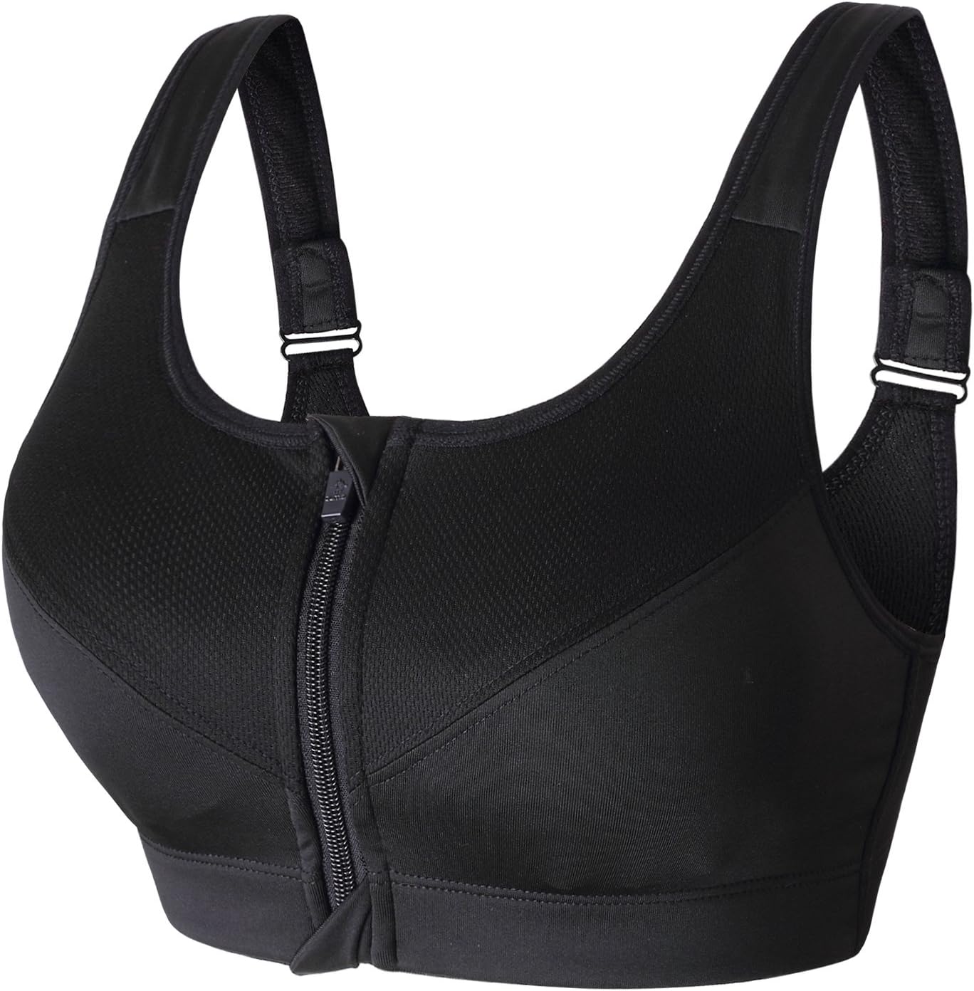 Newlashua Women's High Support Push Up Zip Front Close Padded Sports Bra M Black