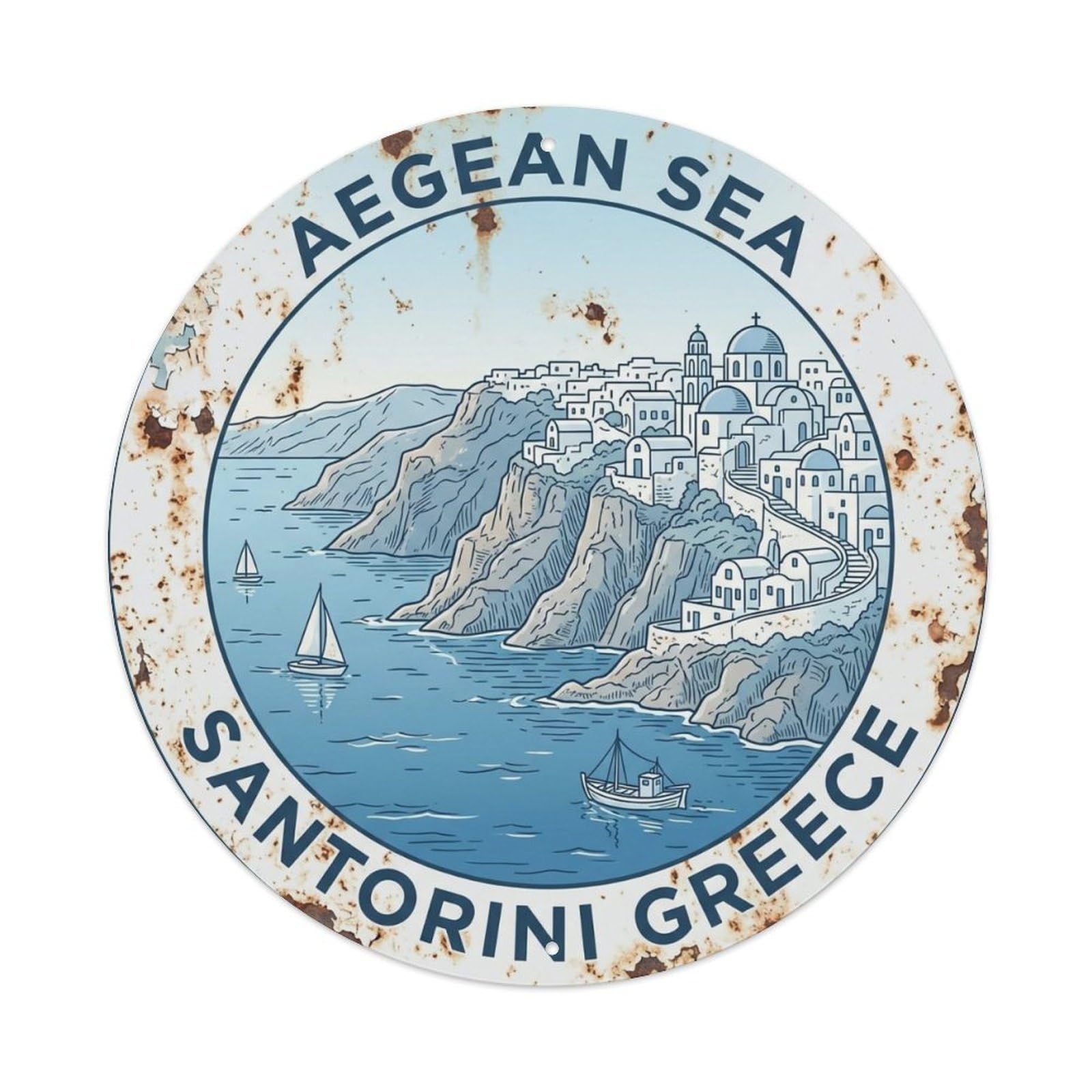 Fqnyr Style Metal Tin Sign Vintage Travel Aegean Santorini Waters