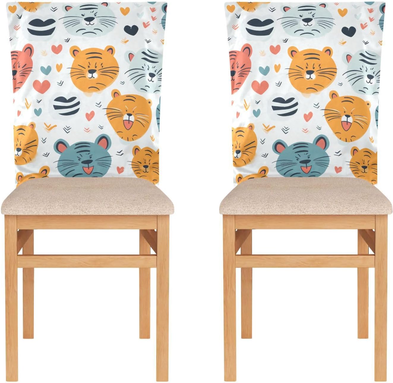 ALAZA Cute Tigers and Hearts Chair Back Cover Set of 6, Washable Reusable Removable Chair Slipcovers Decorative Chair Cover for Home Kitchen Wedding Party