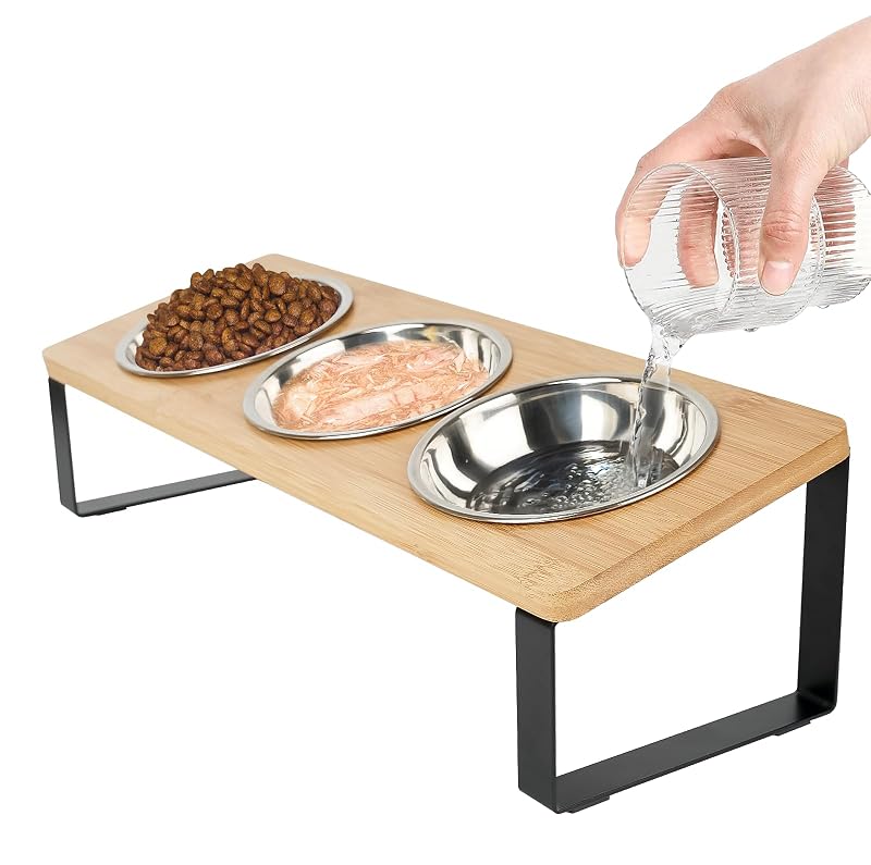 Pote Elevado para Gatos com Inclinação de 15° e 3 Tigelas de Aço Inoxidável RIHAIVHX Pfb-3s