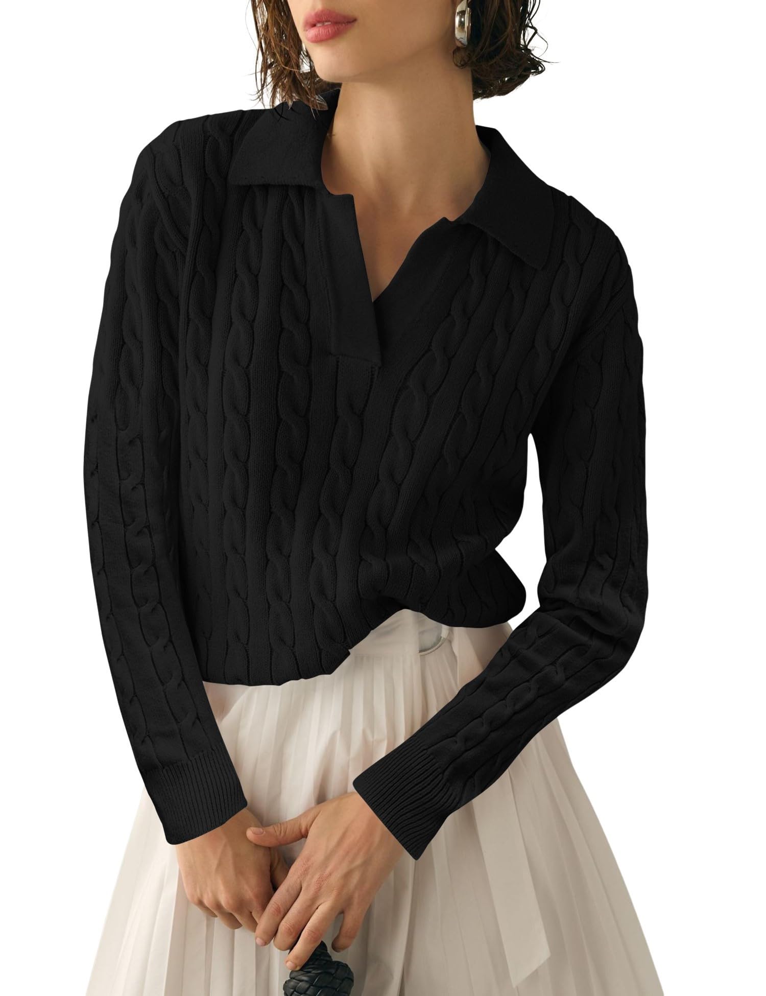 Micoson Womens Fall Long Sleeve Sweaters Lapel V Neck Cable Knitted Pullover Casual Soft Jumper Top