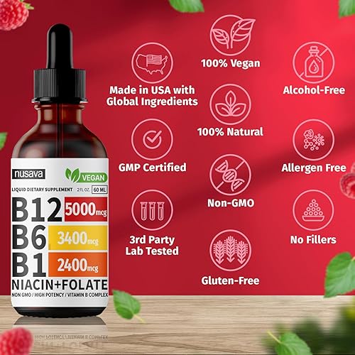 Miniatura 5 de Paquete de 2 gotas líquidas de vitamina B12, complejo de vitamina B, vegano B12 sublingual 5000 mcg con vitamina B6, líquido B12 metilcobalamina que