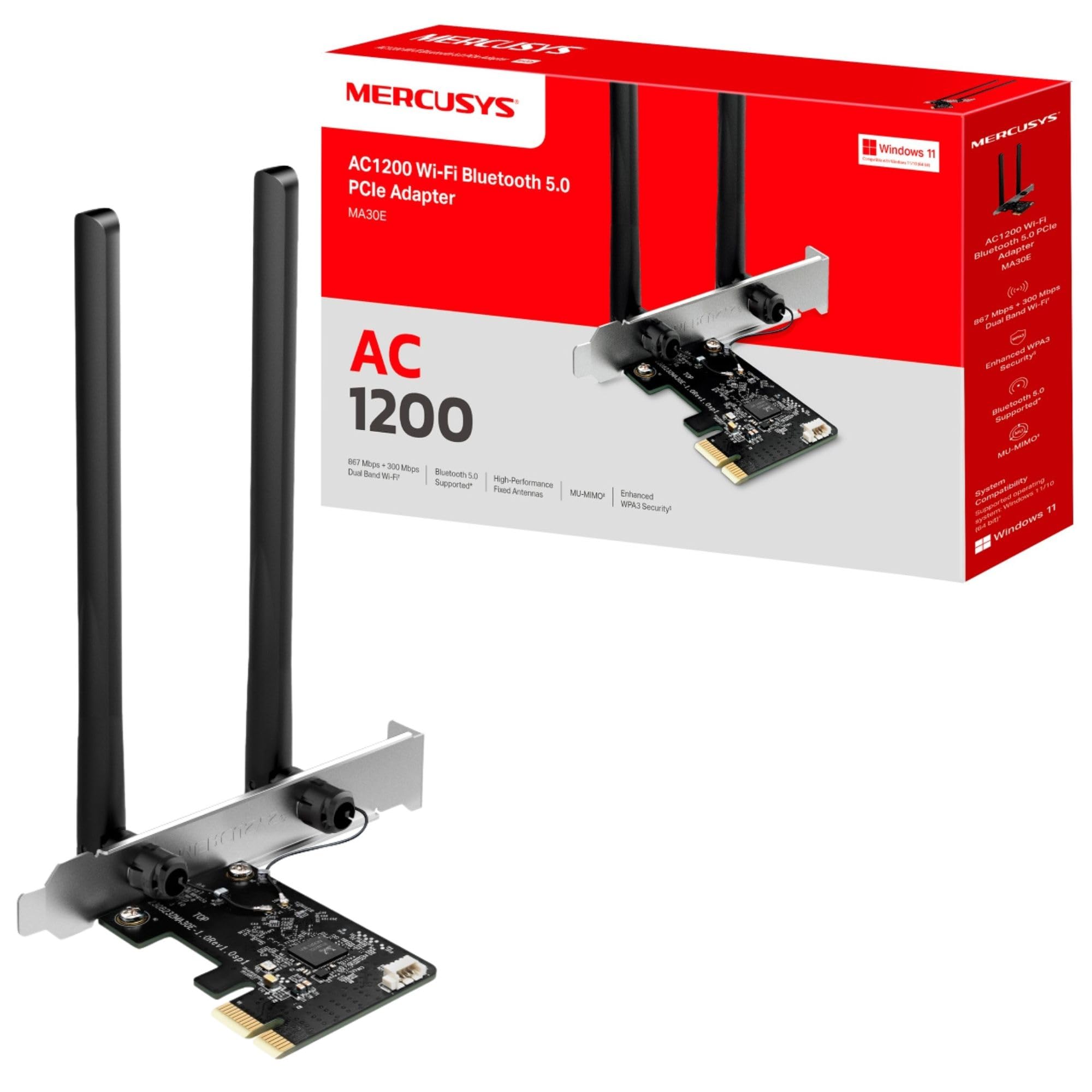 MERCUSYS MA30E AC1200Mbps Wireless Bluetooth 5.0 PCIe WiFi Adapter for PC, MU-MIMO Wide Signal Coverage PCIe WiFi Card, Network Card for Desktop/PC Windows 10/11 (64Bit)