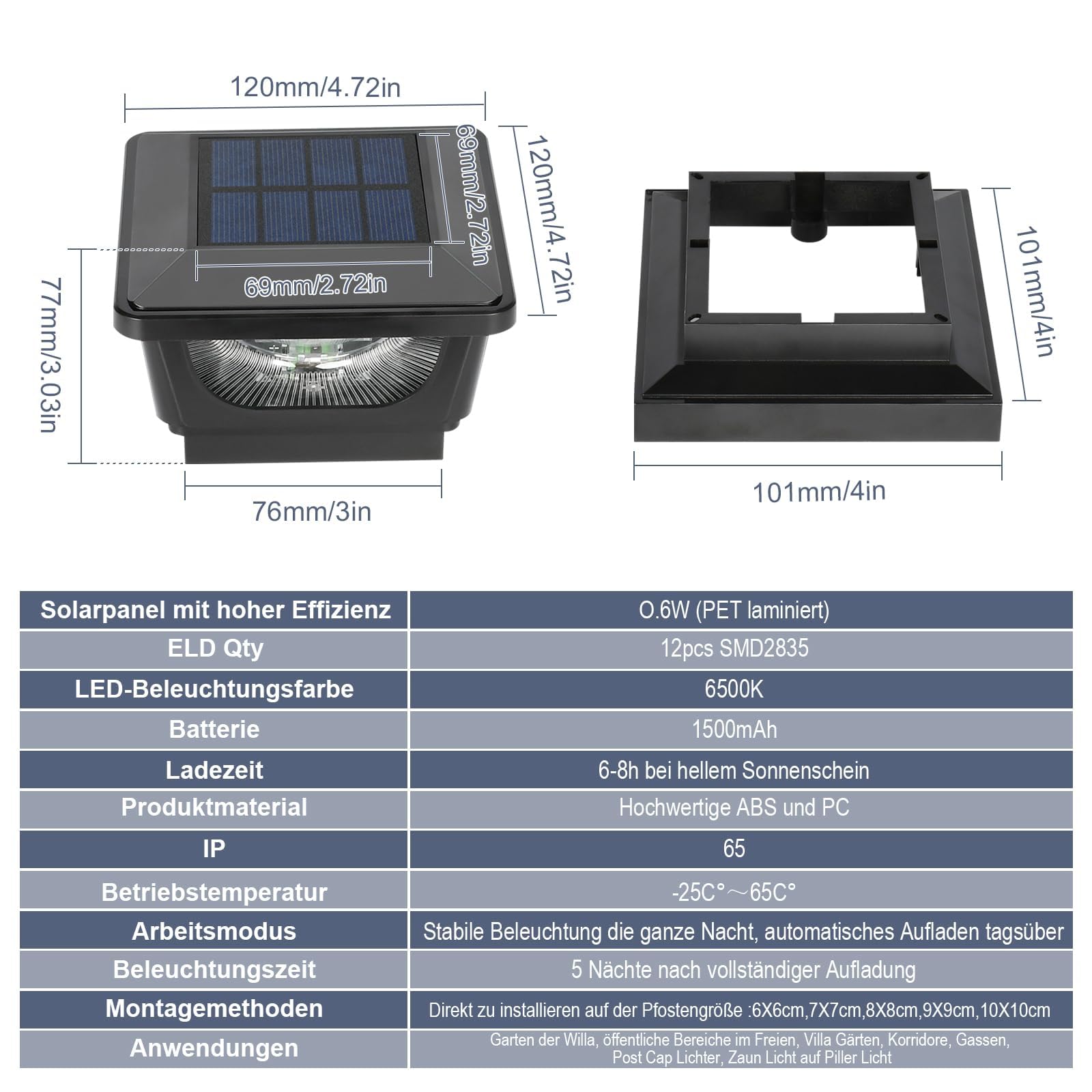 Solar Pfostenkappe 7x7 8x8 9x9 10x10 IP65 Außen Schwarz Post Cap Light