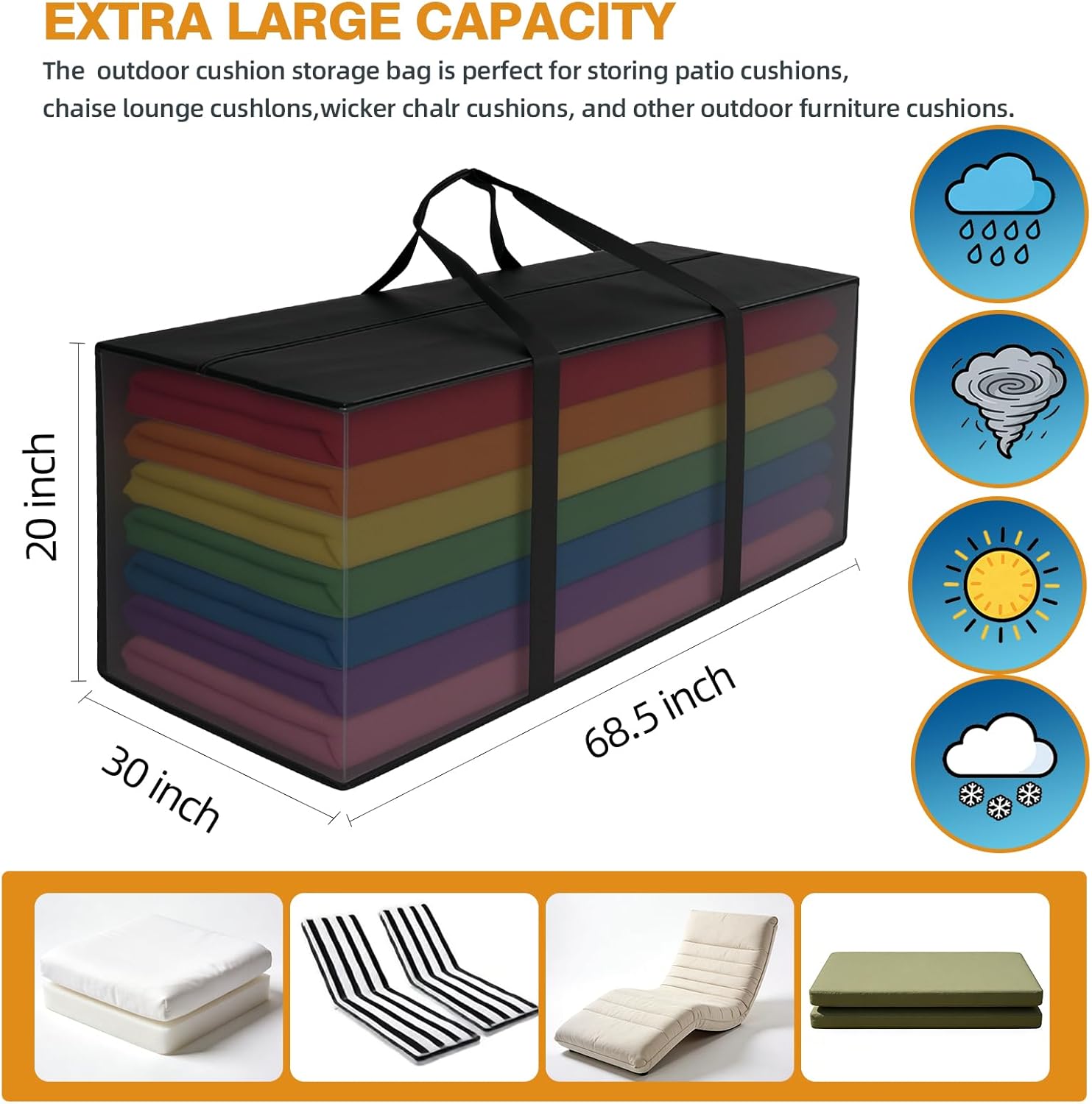 Extra Large Outdoor Cushion Storage Bag 68"L X 30"W X 20"H Waterproof Heavy Duty Big Patio Chair Cushion Storage Bag with Zipper and Handles for Backyard Pool, Black