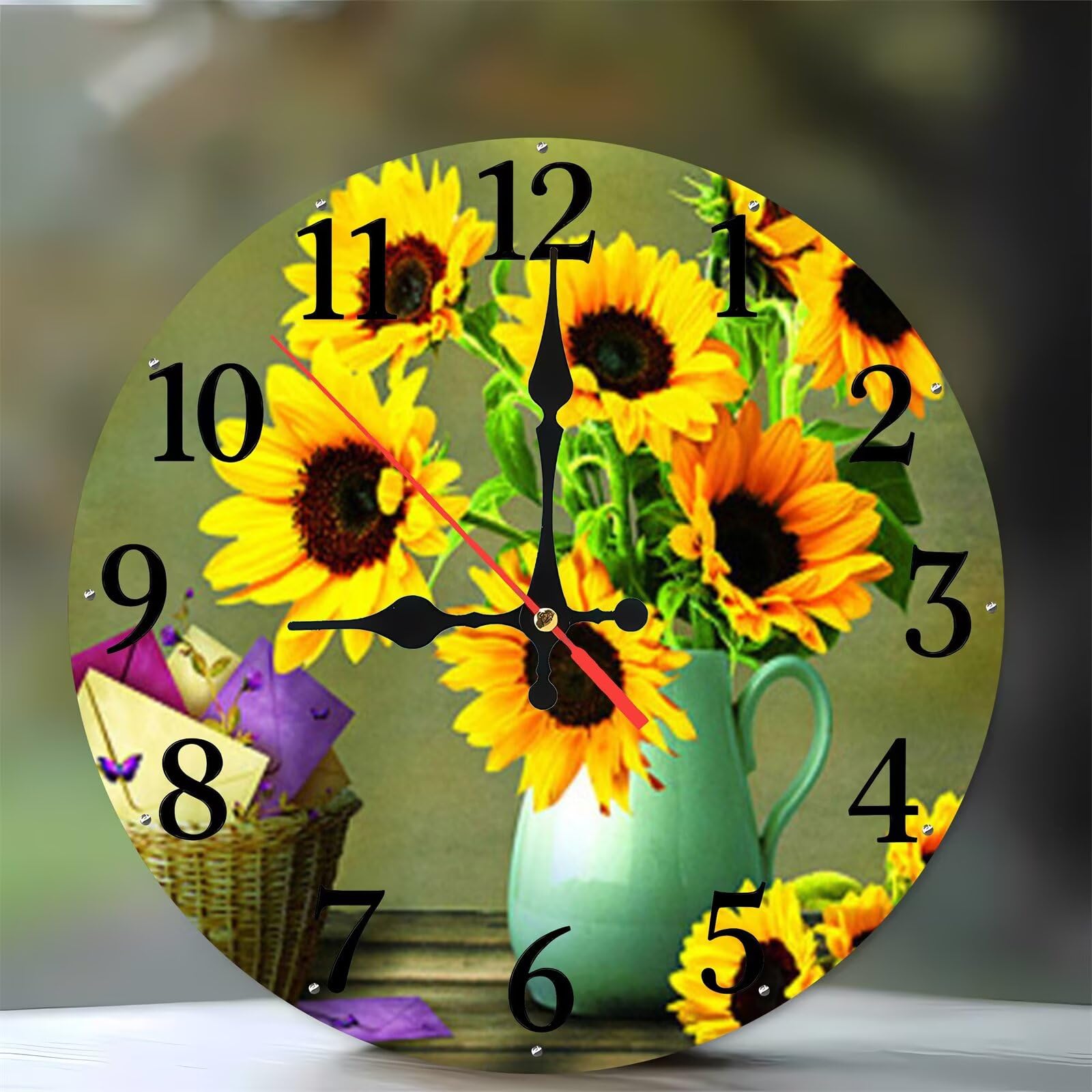Horloge murale bouquet de tournesols moderne en bois de 35 cm, fin des nuisances sonores