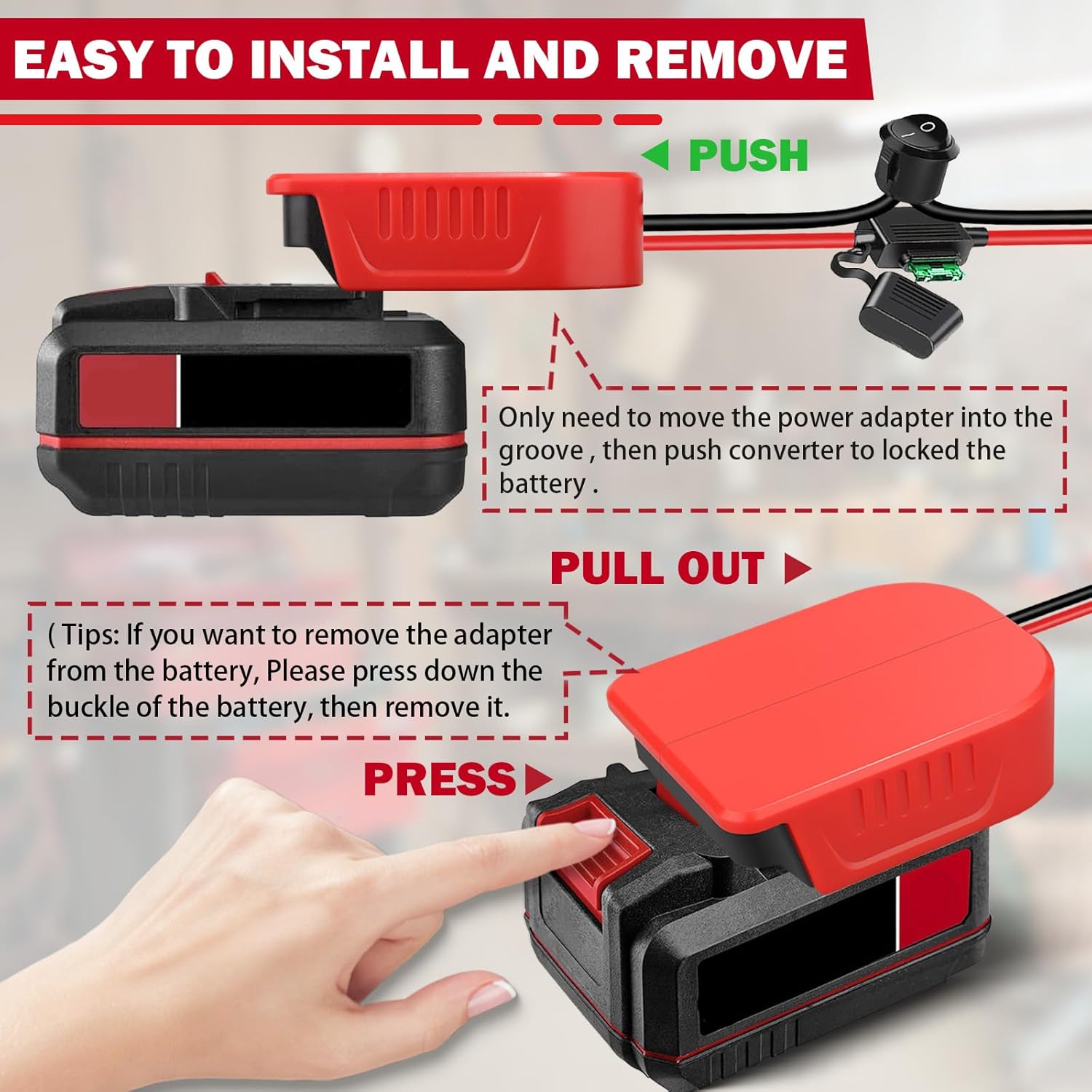2Pcs Power Wheel Adapter for Bauer 20V Battery Dock Power Connector with Switch& Fuse&14 AWG Wire& Wire Terminals,Power Convertor Power to DIY RC Trucks,RC Toys,Robotics,Led Lights - Image 4