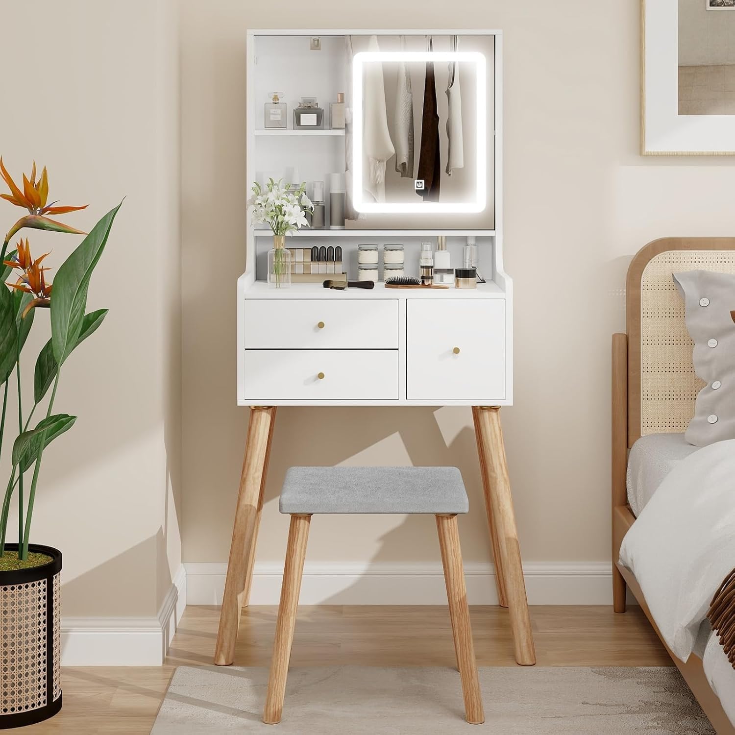 YU YUSING Toeletta Trucco con Luci LED e Specchio 3 Colori, Tavolo da Trucco con Sgabello, 3 Cassetti e 5 Ripiani, Postazione 60cm Vanity Desk for Makeup, Camera da Letto Soggiorno, Moderno, Bianco