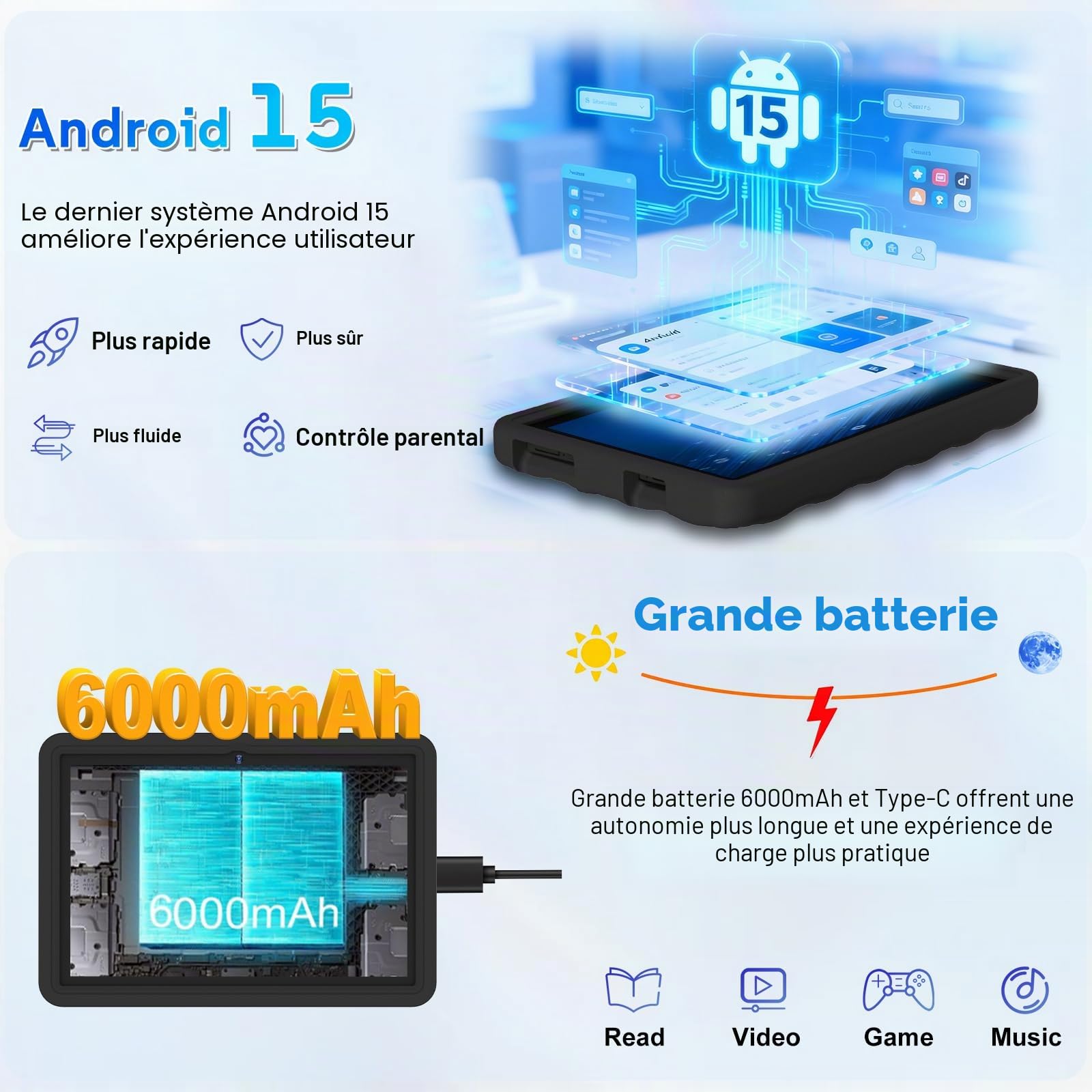 DMOAO Tablette Enfants 10 Pouces Android 15 avec 30Go RAM (TF 2To), 5G WI-FI 6, Widevine L1, Contrôle Parental, 8-Core, Tablette Tactile avec Coque Antichoc EVA + Support Rotatif à 360°,Noir Profond