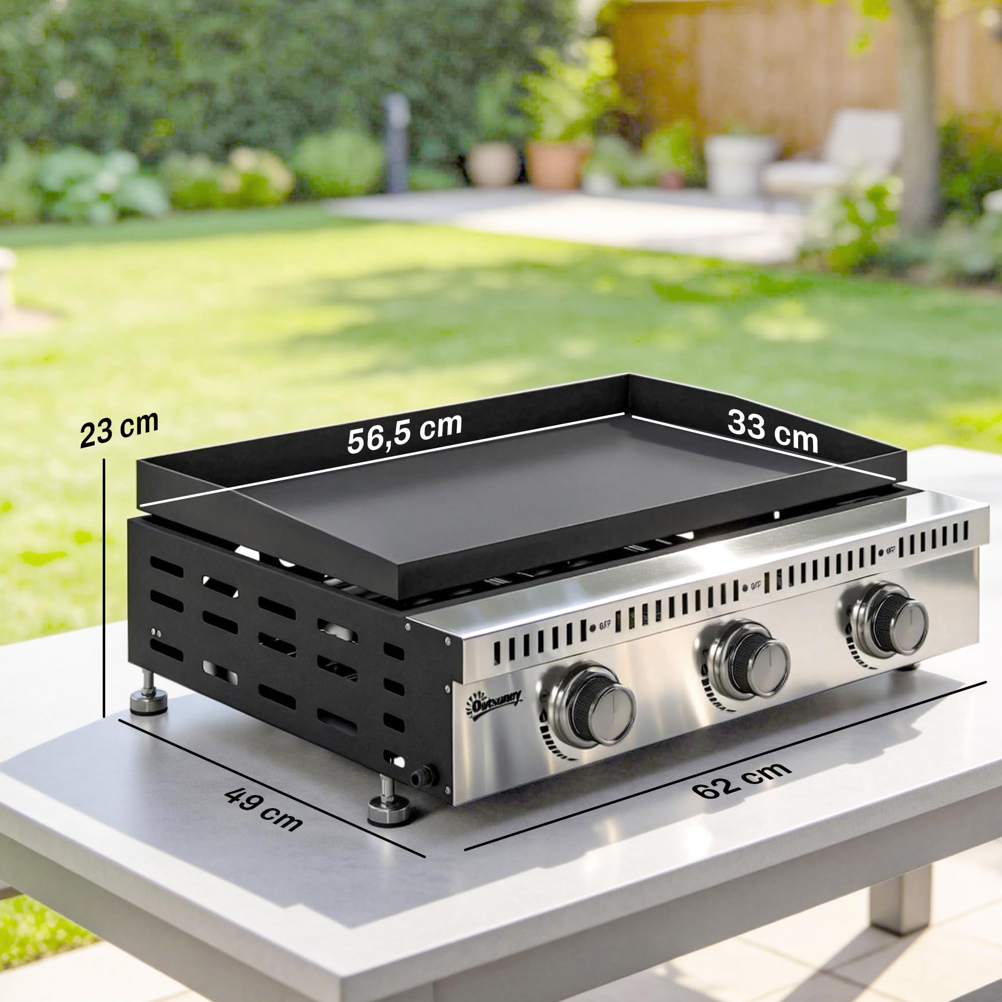 Outsunny Plancha gaz 9 kW 3 brûleurs en acier inoxydable, surface cuisson 56,5 x 33 cm avec bac de récupération des graisses, propane/butane/GPL, portable pour camping, pique-nique et terrasse, noir