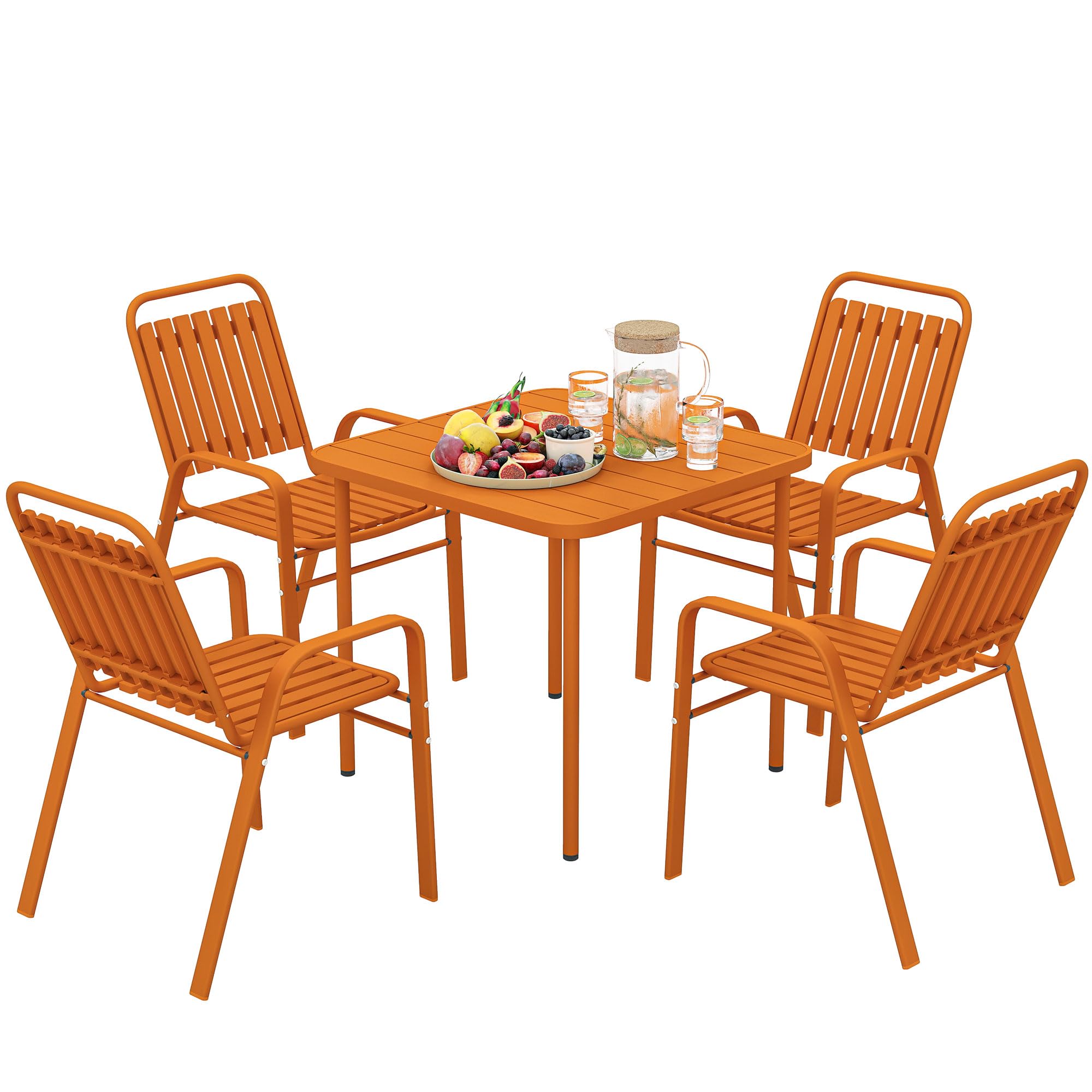 Outsunny Salon de Jardin extérieur 5 pièces, Table de Jardin extérieure avec 4 chaises empilables, Plateau à Lattes 80 cm, Structure en Acier Anti-Rouille, pour terrasse, Patio, Orange