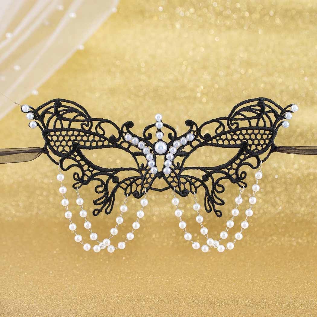Bounzhi Pearl Masquerade Mask for Women Tassel Beaded Lace Mask Costume Party