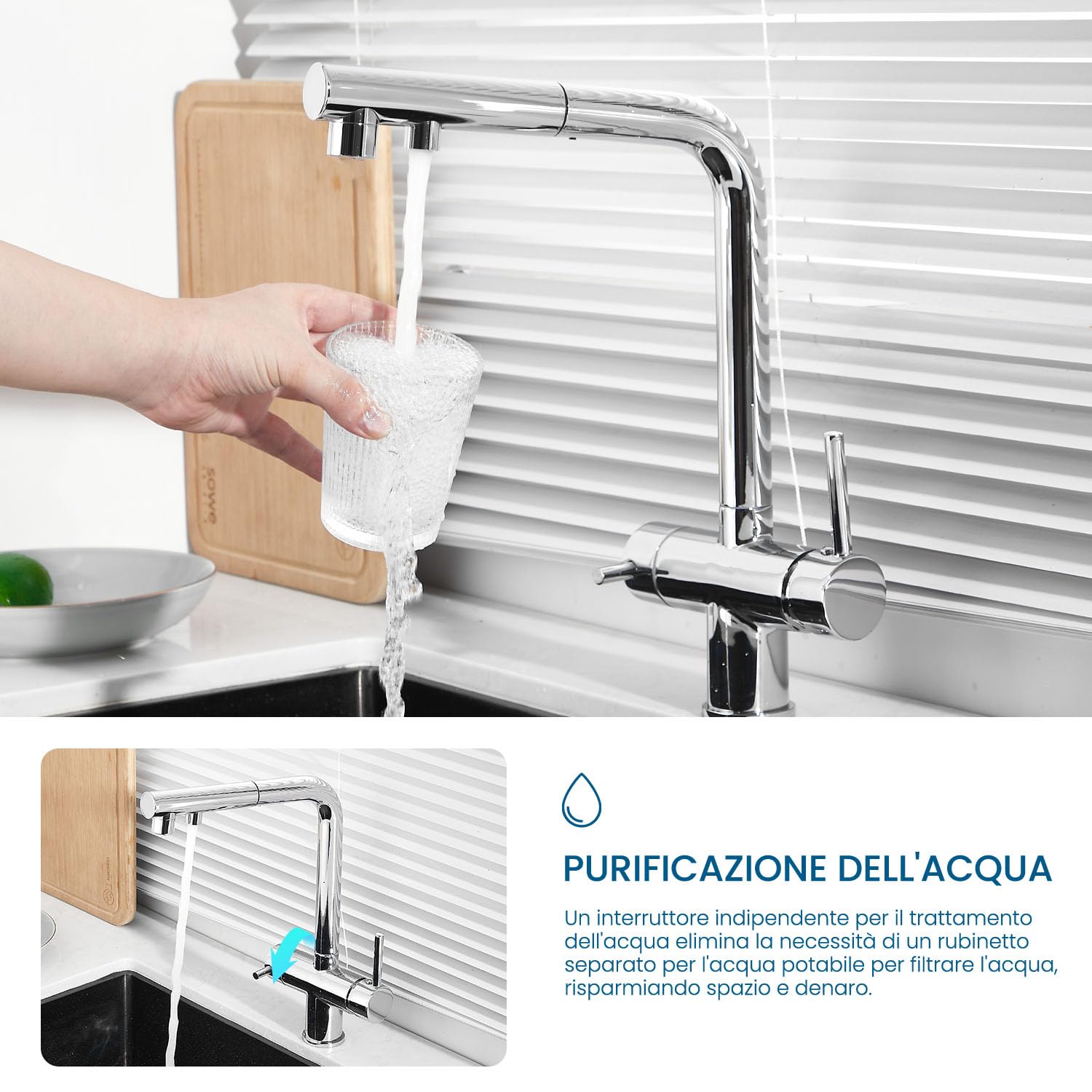 Rubinetto Cucina 3 Vie,rubinetto miscelatore girevole a 360°,Miscelatore per Lavello Con Beccuccio Flessibile, Rubinetto per Lavello Da Cucina per Acqua Fredda e Calda e Filtr