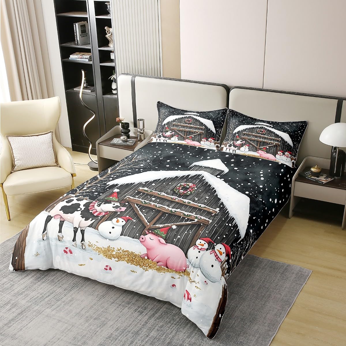 100% Natural Cotton Winter Farmhouse Duvet Cover King Size for Kids Boys Teens,Xmas Theme Snow 3 Pieces Duvet Cover,Cute Pig Cow Comforter Cover (Not Comforter),Retro Wooden Cabin Quilt Cover