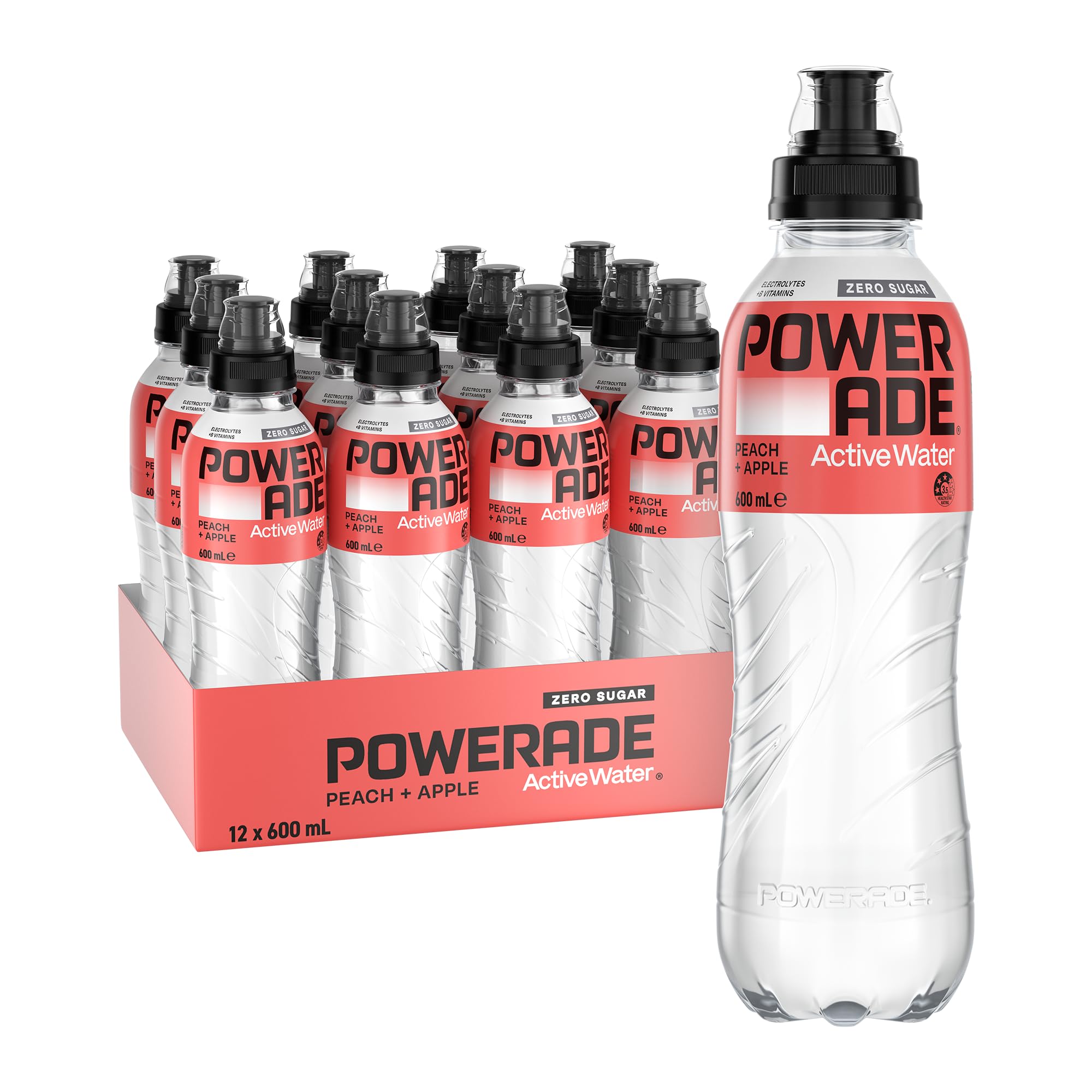 Powerade Zero Sugar Active Water Peach and Apple Sipper Cap Multipack Bottles 12 x 600mL
