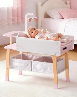 ROBOTIME 18 Inch Doll Changing Table, Wooden Baby Doll Bed with Storage Bins & Drawer, Pink Doll Nursery Furniture for 18 Inch Dolls, Baby Doll Furniture for Pretend Play