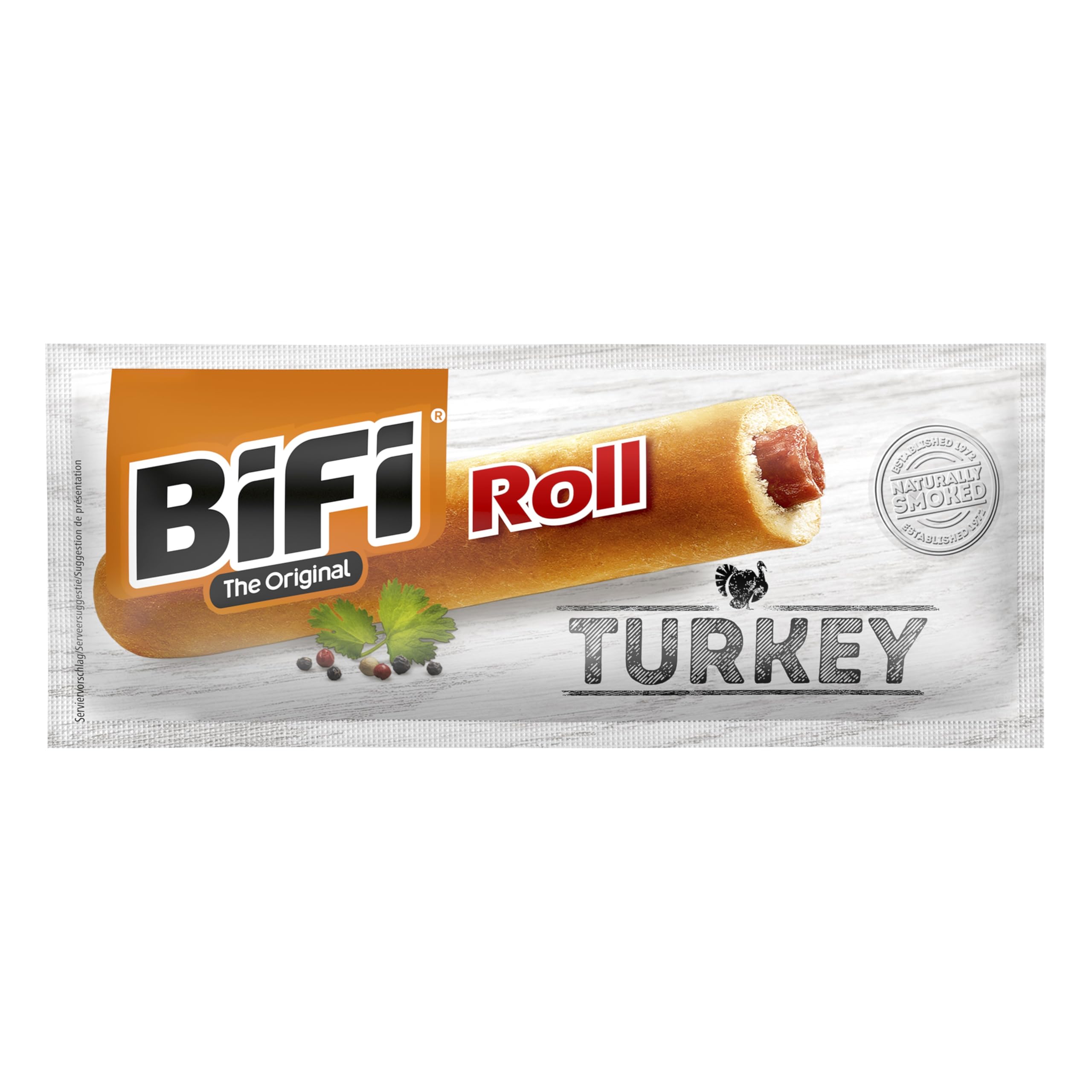 BiFi Roll Turkey - Aperitivos de salami de pavo, pack de 24 unidades de 45 g, sabroso tentempié de carne en forma de hojaldre, para llevar, oficina o practicar deporte, con pimienta, cilantro y ajo