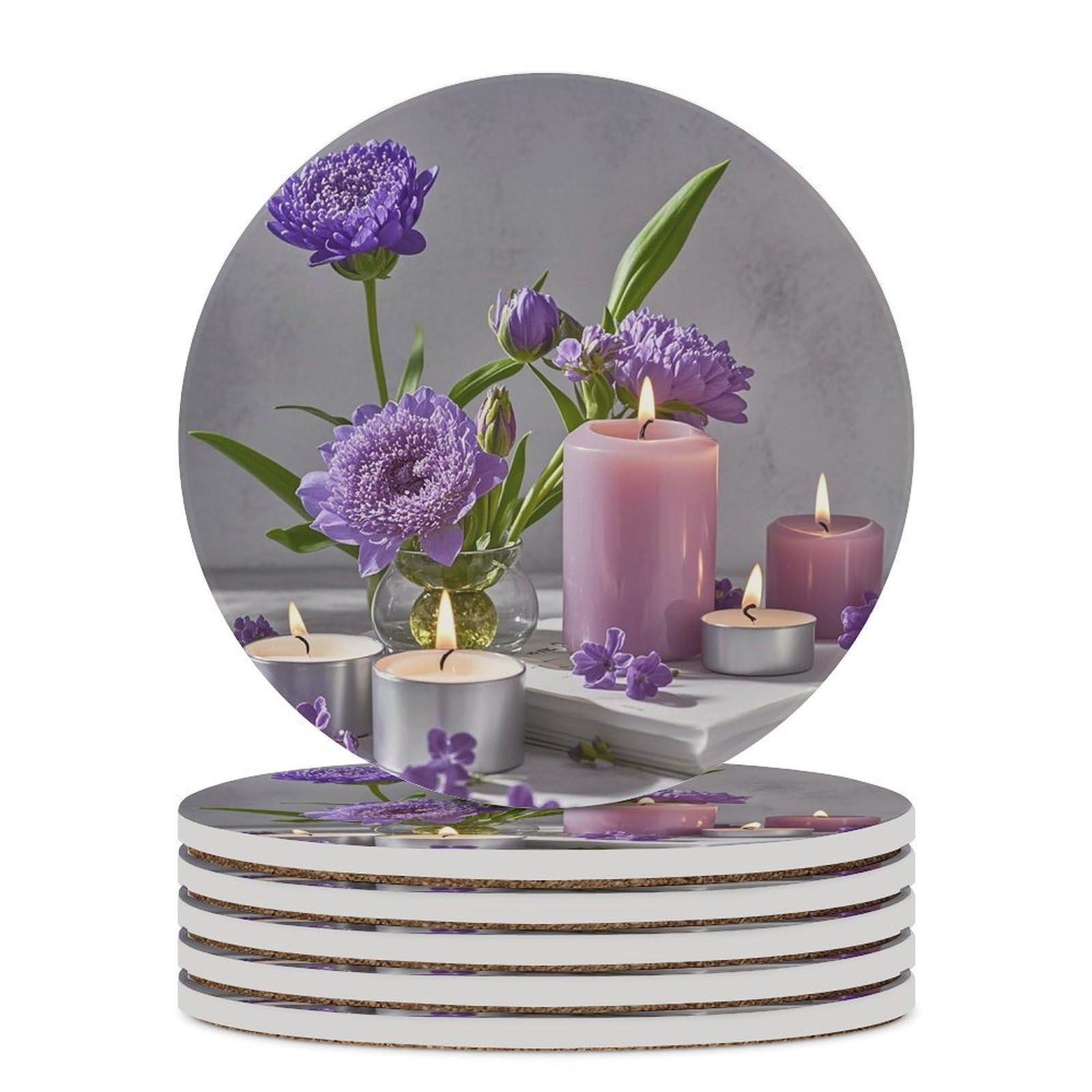 Dessous de verre en céramique résistants à la chaleur avec liège épais et motif floral violet