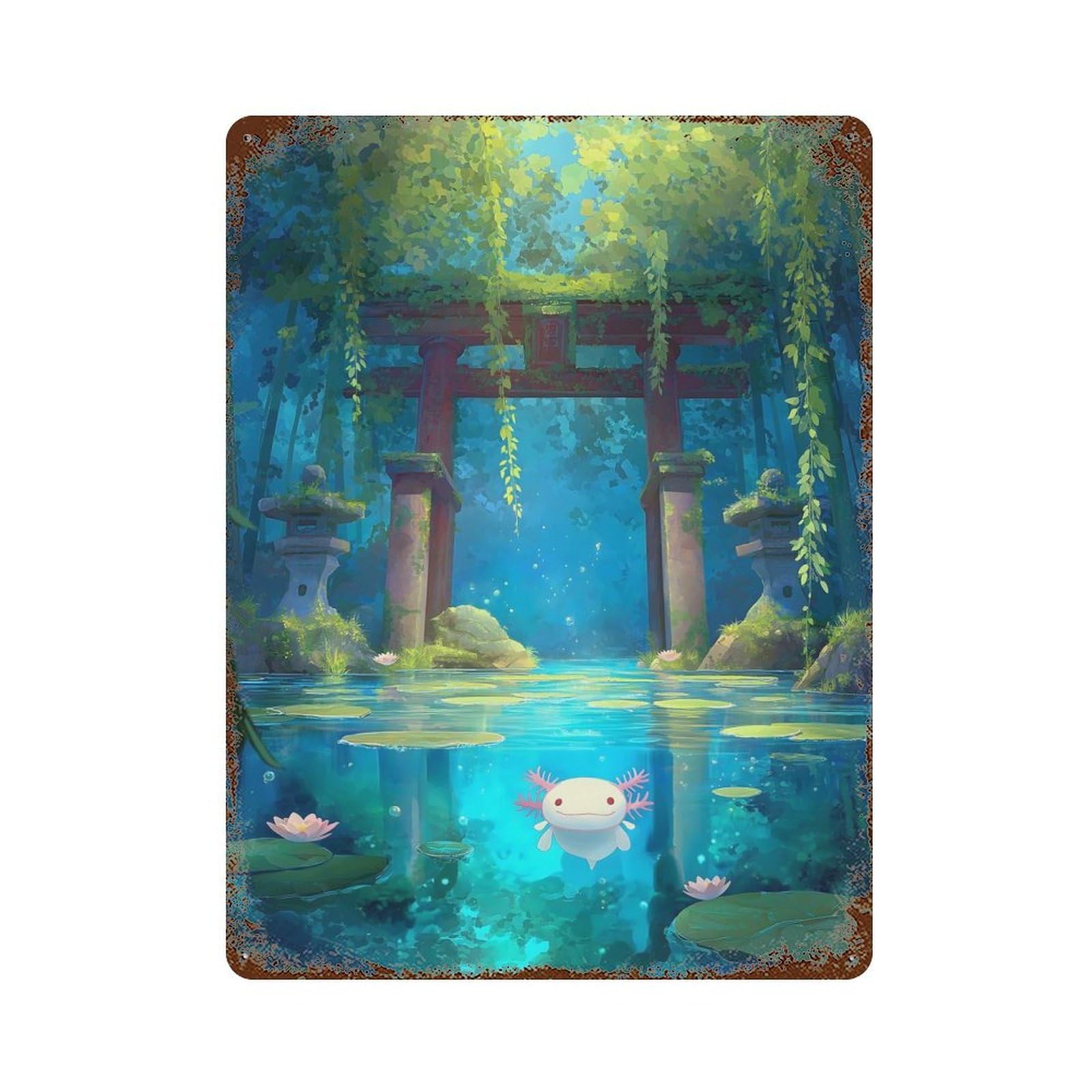 Rust Effect Axolotl in A Japanese Garden Pond Weathered Tin Sign 15.7"x11.8", Novelty Wall Decor for Office, Studio And Wall Decor