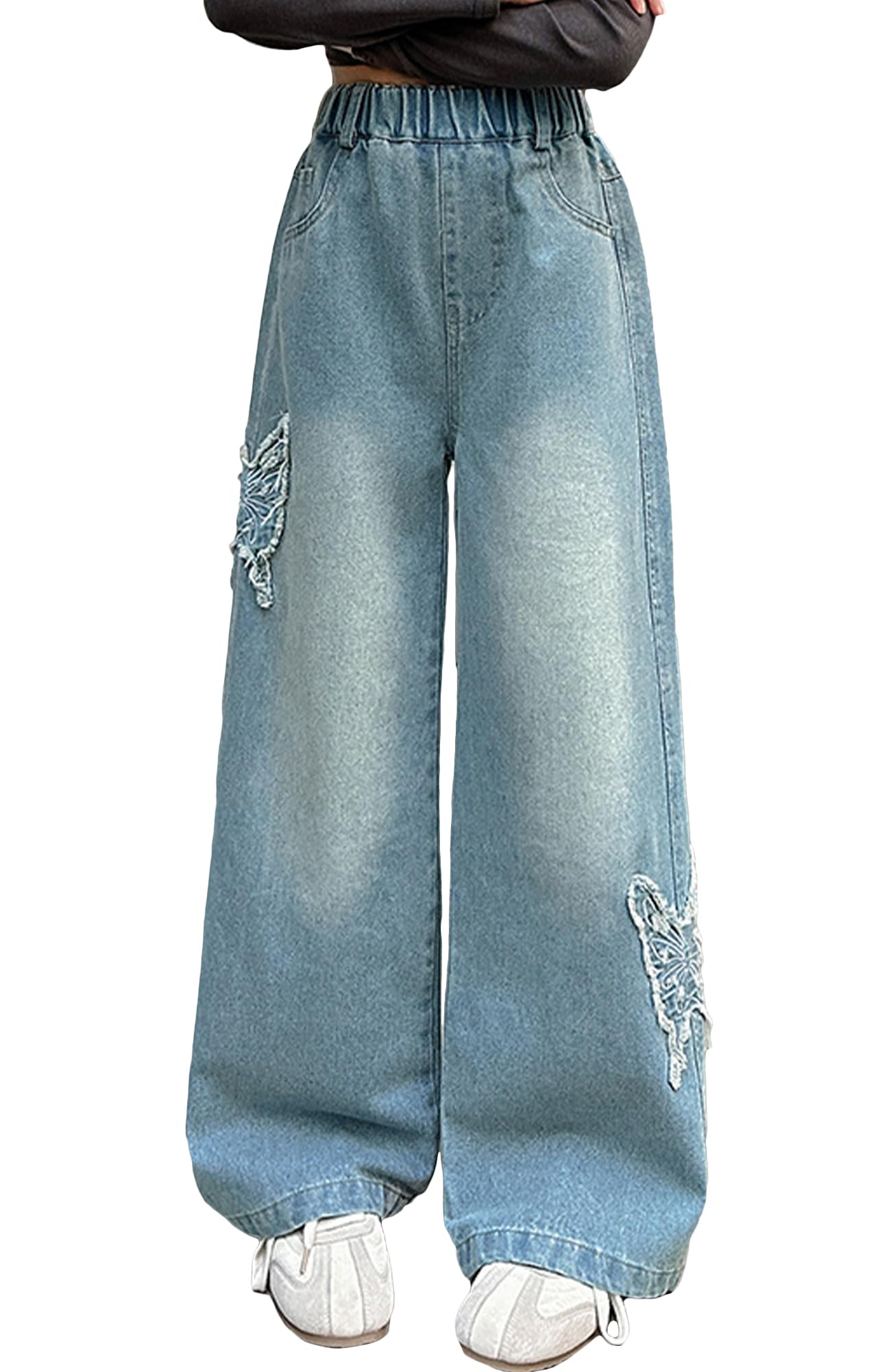 Happy Cherry - Pantalones Vaqueros Holgados para Niña Pantalón de Mezclilla Ancho Algodón Jeans Estilo Callejero Vintage Infantil Chica Cintura Elástica para Primavera Verano Otoño Invierno - 110-164
