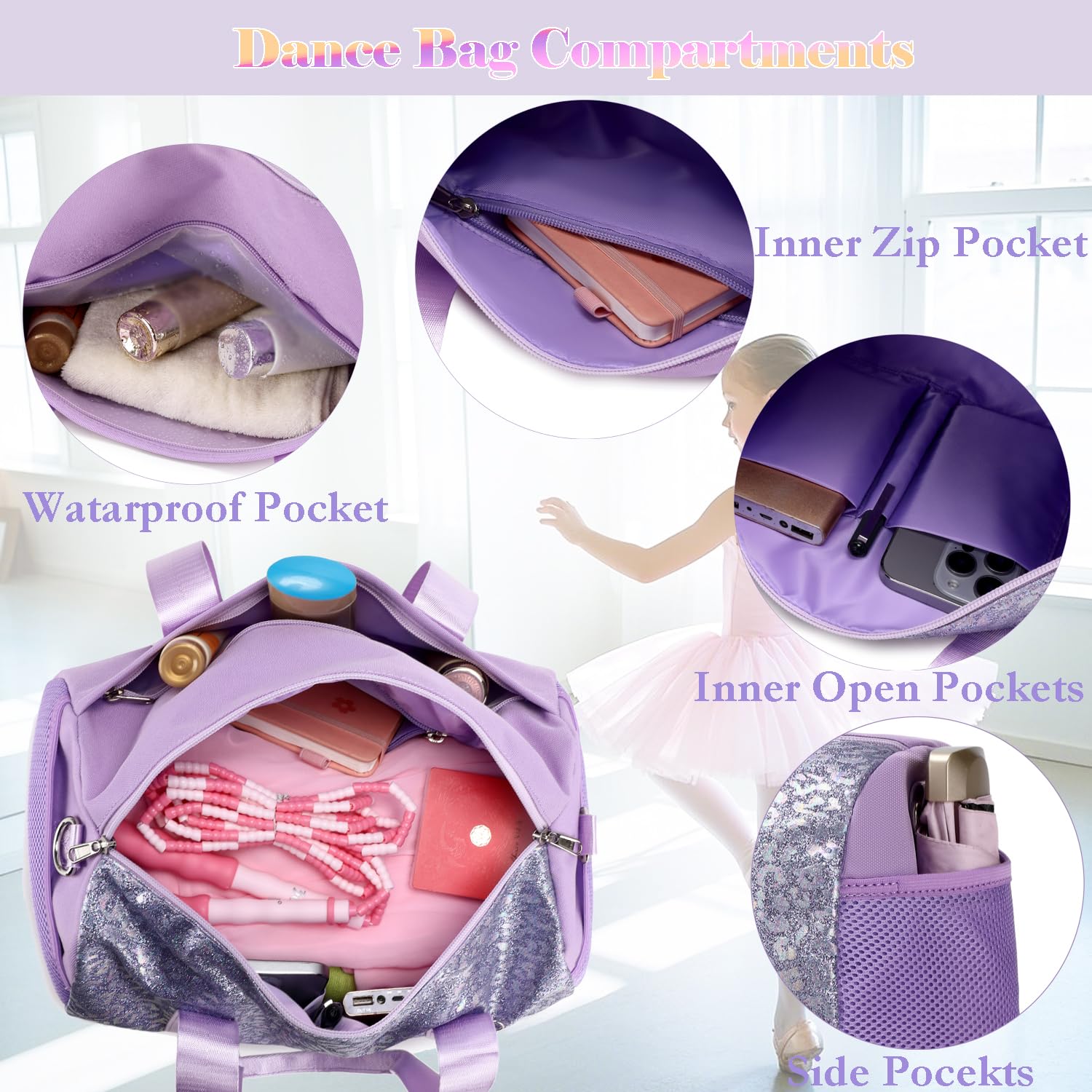 Sac Sport Filles Enfant Sacs Danse Ballet Latine Petit Sacs de Voyage Enfant Filles avec Poche Étanche Séparée,Léopard