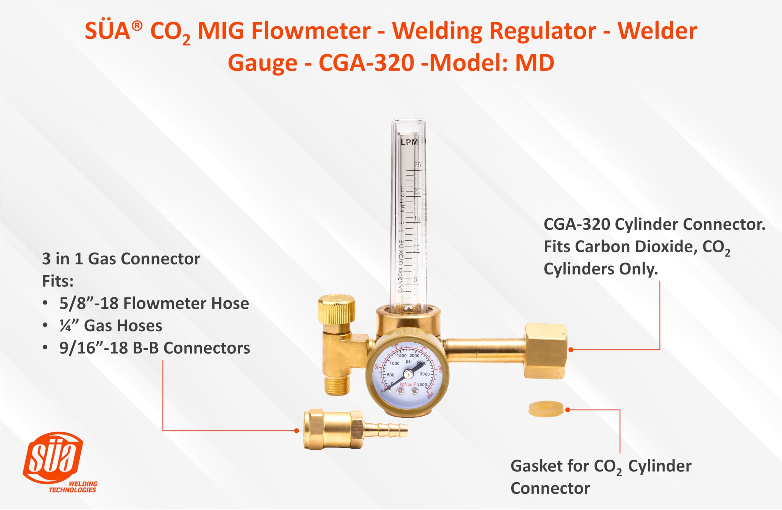 SÜA® Carbon Dioxide CO2 MIG Flowmeter - Welding Regulator with 5 Feet Argon Hose - CGA 320 - Model: MD