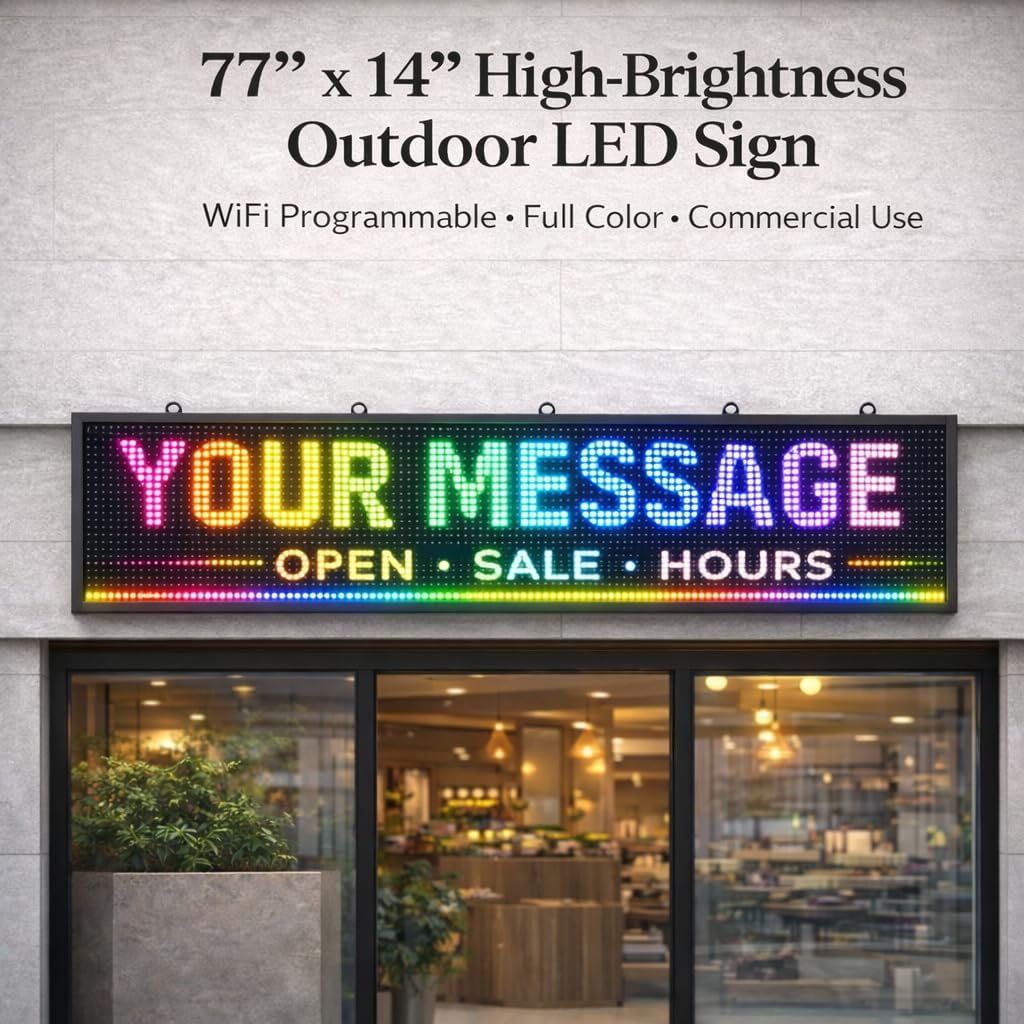 P10 Outdoor LED Scrolling Sign 77” x 14”, 5000 Nits High Brightness WiFi Programmable Full-Color Message Board, IP45 Waterproof Digital LED Display for Business Storefront Advertising
