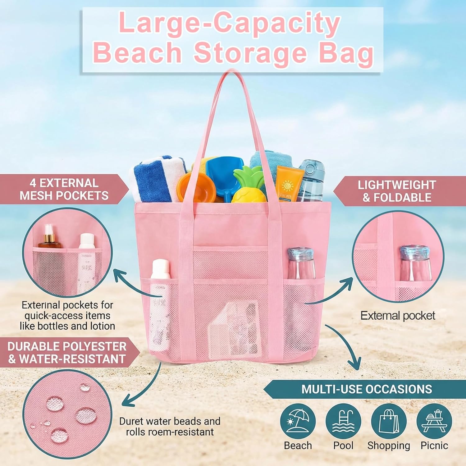 4 Pcs Beach Bag with Zipper Mesh Pockets, Beach Tote Bag for Cruise Vacation Essentials, Large Capacity for Women