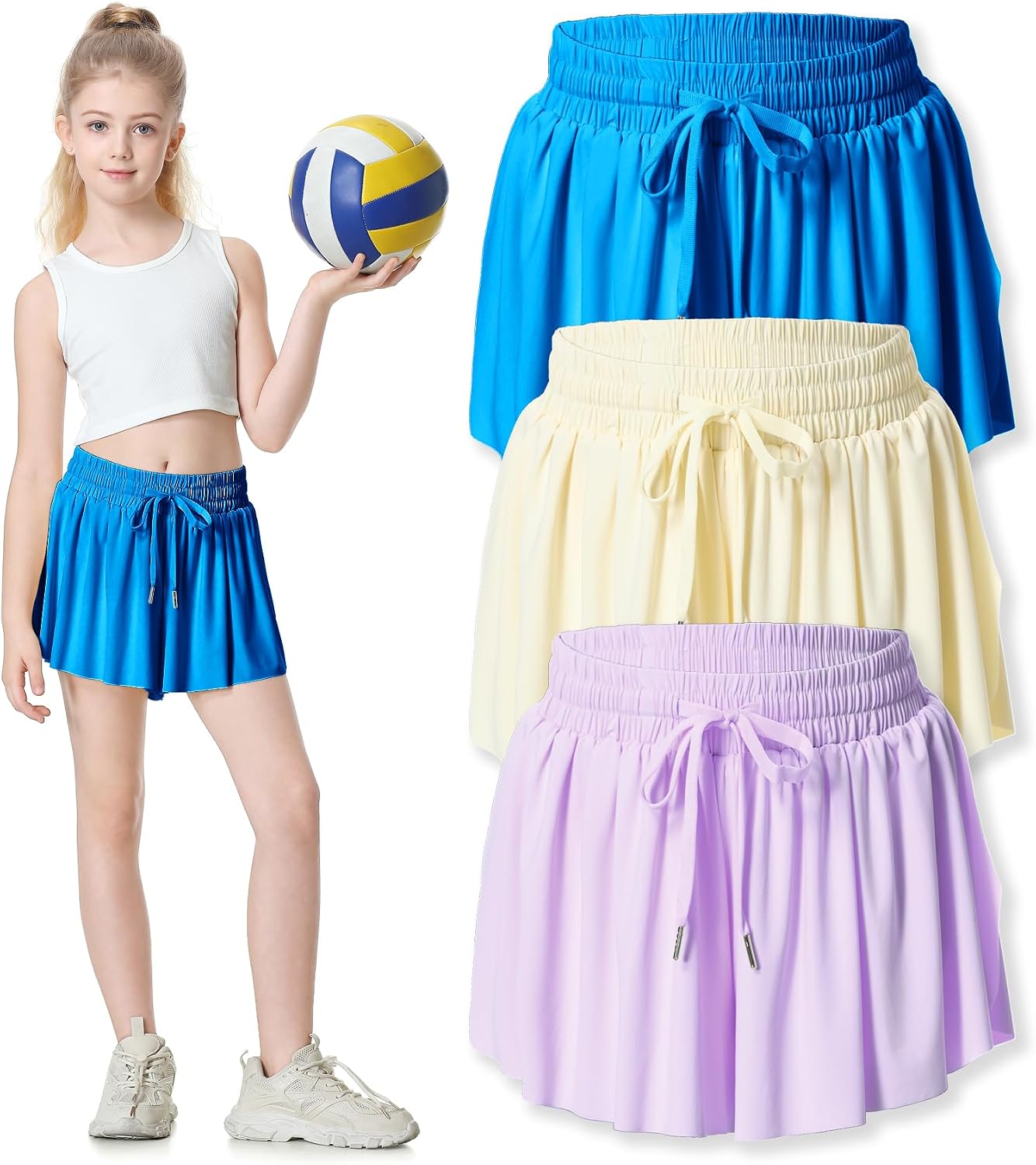Blue Girls Athletic Shorts for Little Girls,Butterfly Shorts for Girls 3-4T, Girls Flowy Shorts with Spandex Liner and Elastic Waist for Fitness, Running, Sports Blue Cream Purple XXS