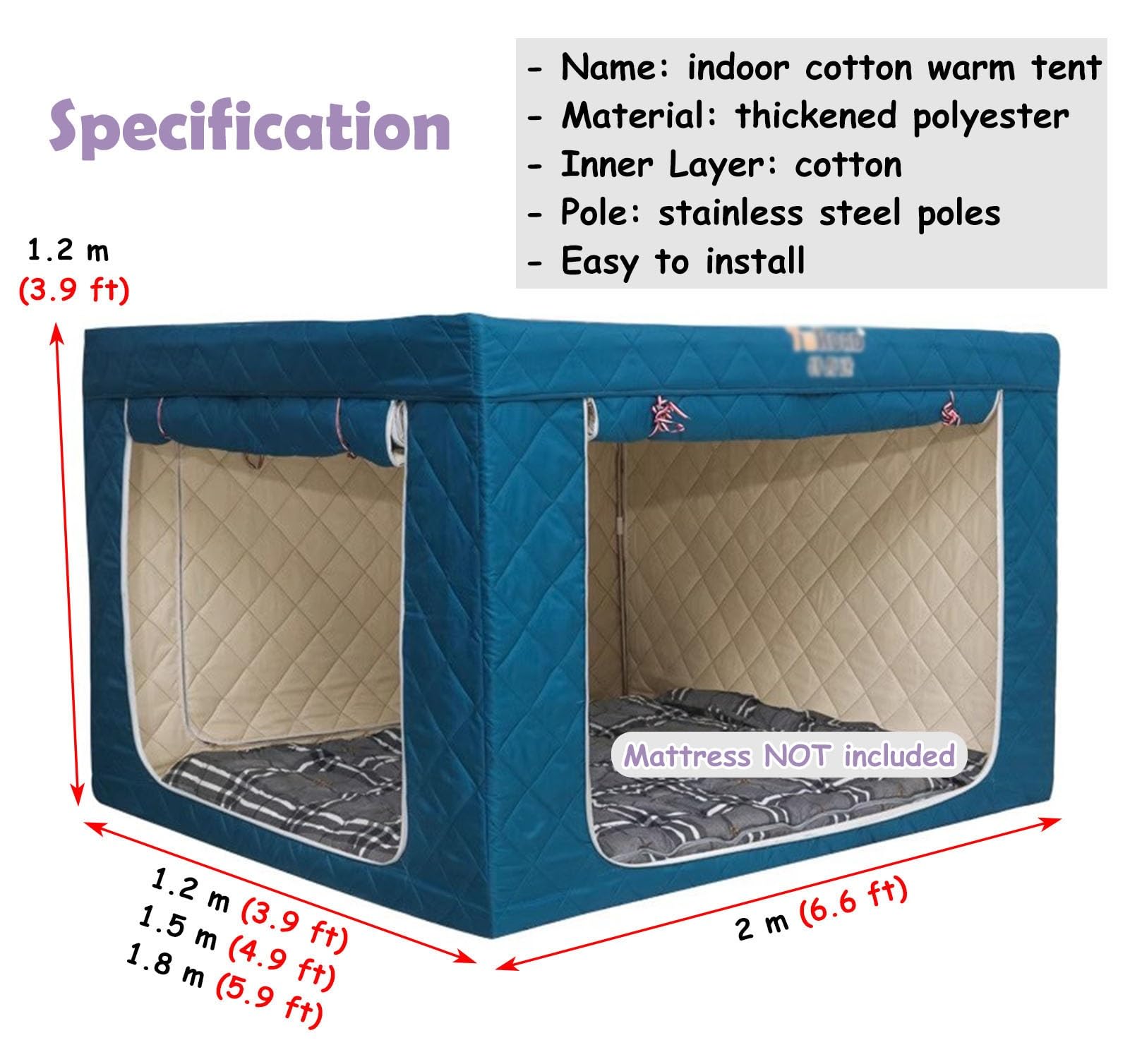Tienda de Campaña Tienda Blackout para Cama Gemela, Algodón Interior Tienda Cálida 3 Puertas, Dosel para Dormir Cabaña Refugio, Tienda de Ensueño con Postes de Acero Inoxidable y Bolsa(Dark blue,1.2m(