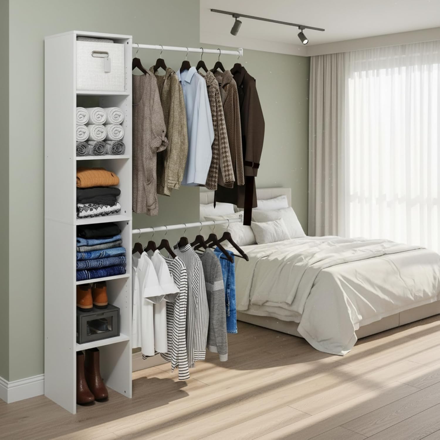 Fano Closet Storage Organizer Shelf Tower with 2 Adjustable Hanging Bars & 5 Shelves, White