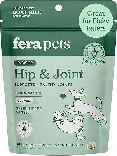 Fera Pets Leche de Cabra - Suplemento para Articulaciones de Gatos y Perros con Glucosamina, MSM y Mejillón de Labios Verdes - Apoya la