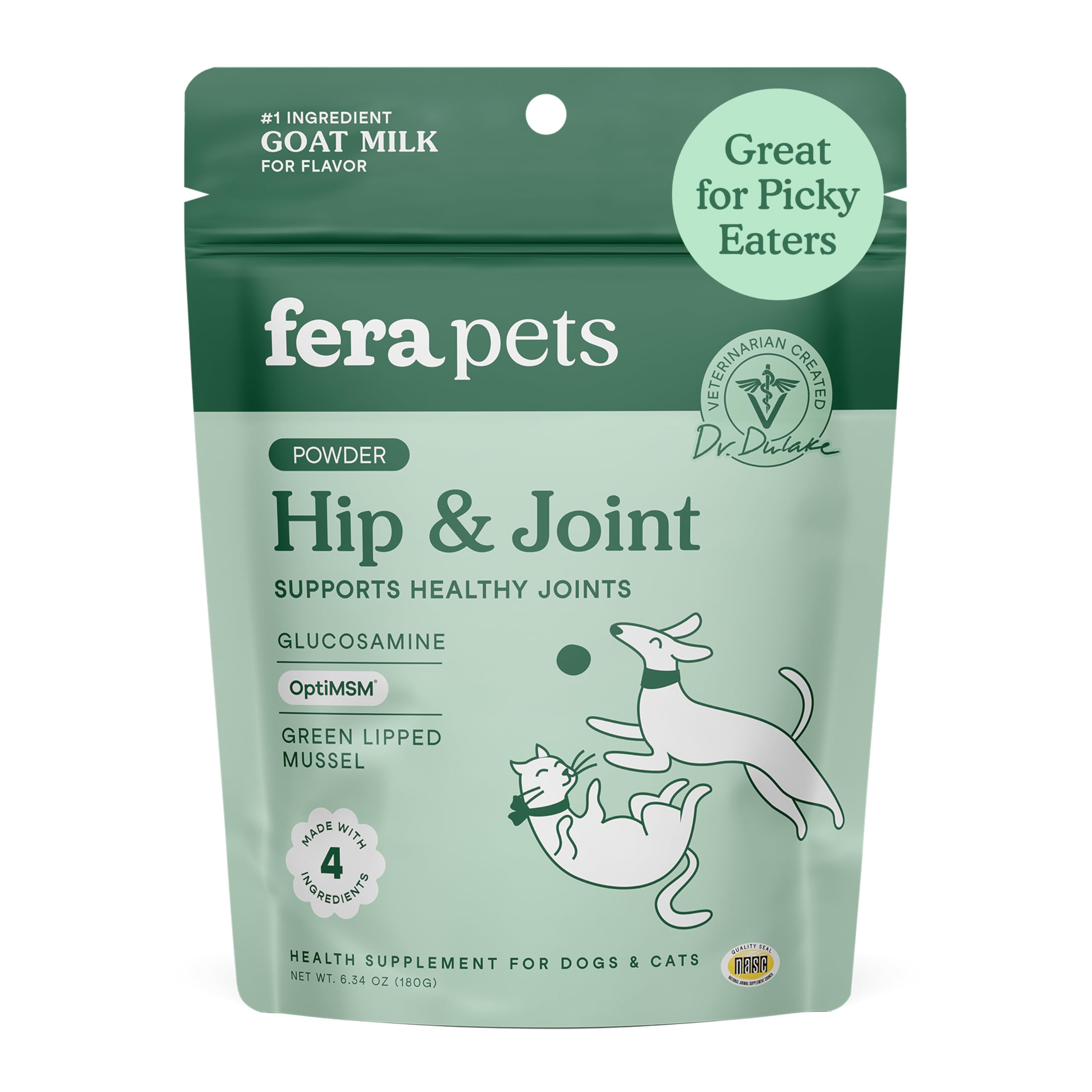 Fera Pets Goat Milk - Cat & Dog Hip and Joint Support with Glucosamine, MSM & Green Lipped Mussel - Supports Flexibility, Mobility & Bone Health - for Picky Eaters - 60 TSP