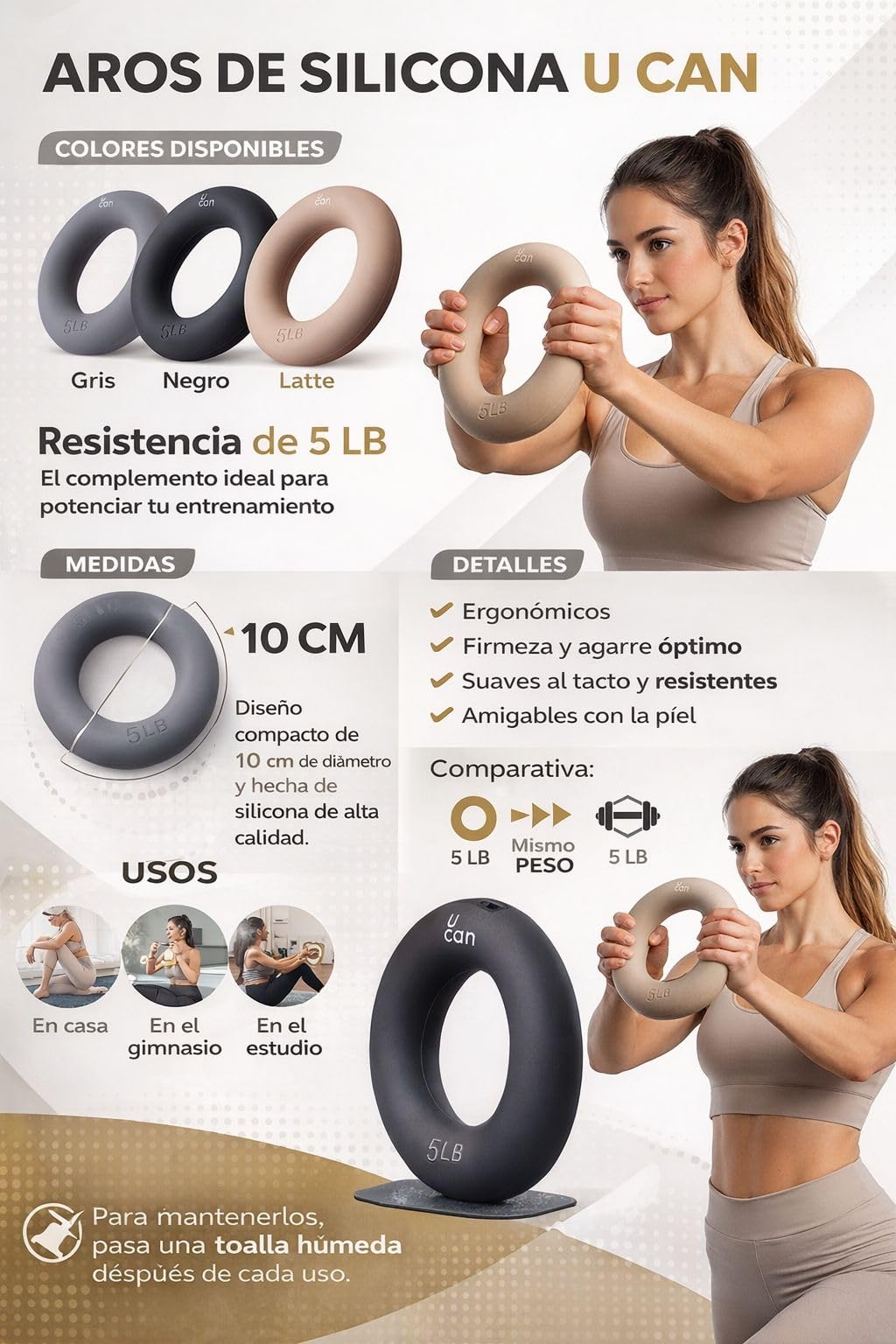 U can Gewichtsringe aus Silikon für Training, Widerstandsringe für Yoga, Pilates und Fitness, strafft Arme, Beine und Bauch, kompaktes Zubehör für Zuhause oder Fitnessstudio (grau, 2,7 kg)