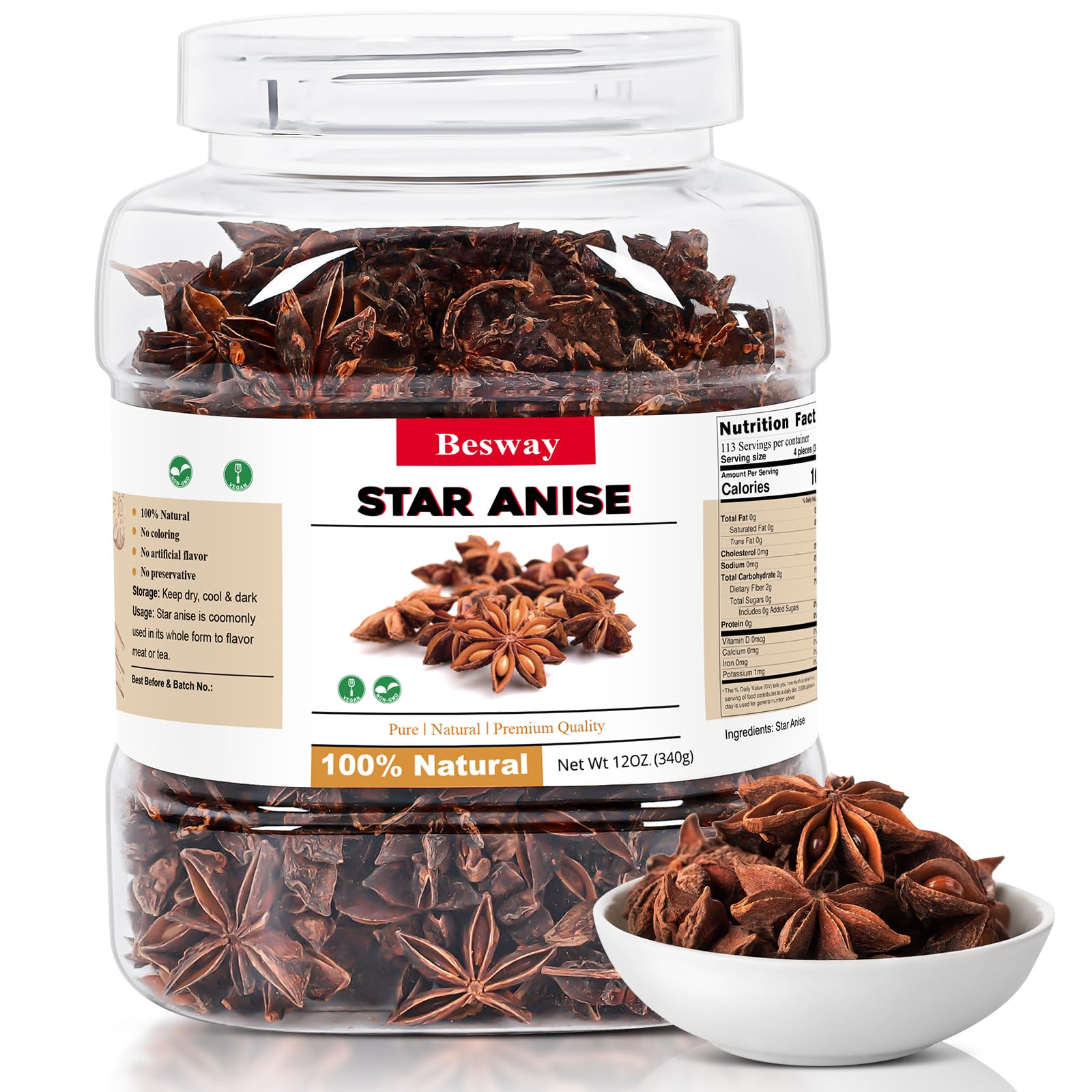 Besway Chinese Star Anise 12 oz, Whole Star Anise, Fresh, Pure and Dried Anise Pods, Great for Cooking, Baking and Tea (340g)