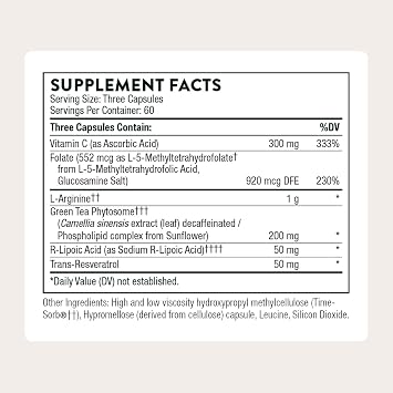 THORNE - L-Arginine Plus - Added Antioxidant Support - Supports Heart Health, Nitric Oxide Production, Exercise Capacity & Optimal Blood Flow* - Third-Party Certified - Dairy-Free - 180 Capsules