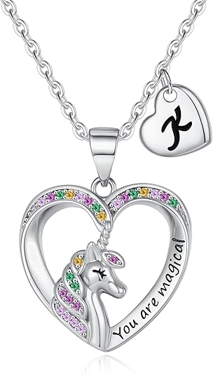 Unicorn Necklaces for Girls - 14K Gold/White Gold/Rose Gold Plated CZ Heart Pendant Jewelry, Toddler and Teen Initial Necklaces, Colorful Unicorn Gifts