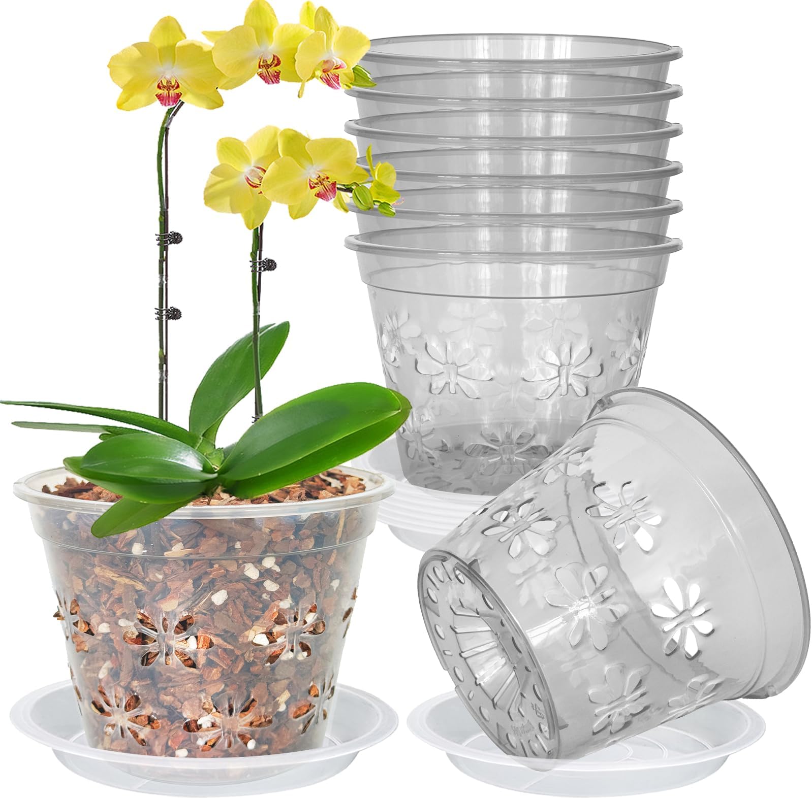 Orchid Pot, 8 Pack Orchid Pots with Holes & Saucers, Clear Plastic Pot for Repotting, Breathable Ventilation Planters for Phalaenopsis, Dendrobium & Oncidium Orchids(5 inch, Grey)