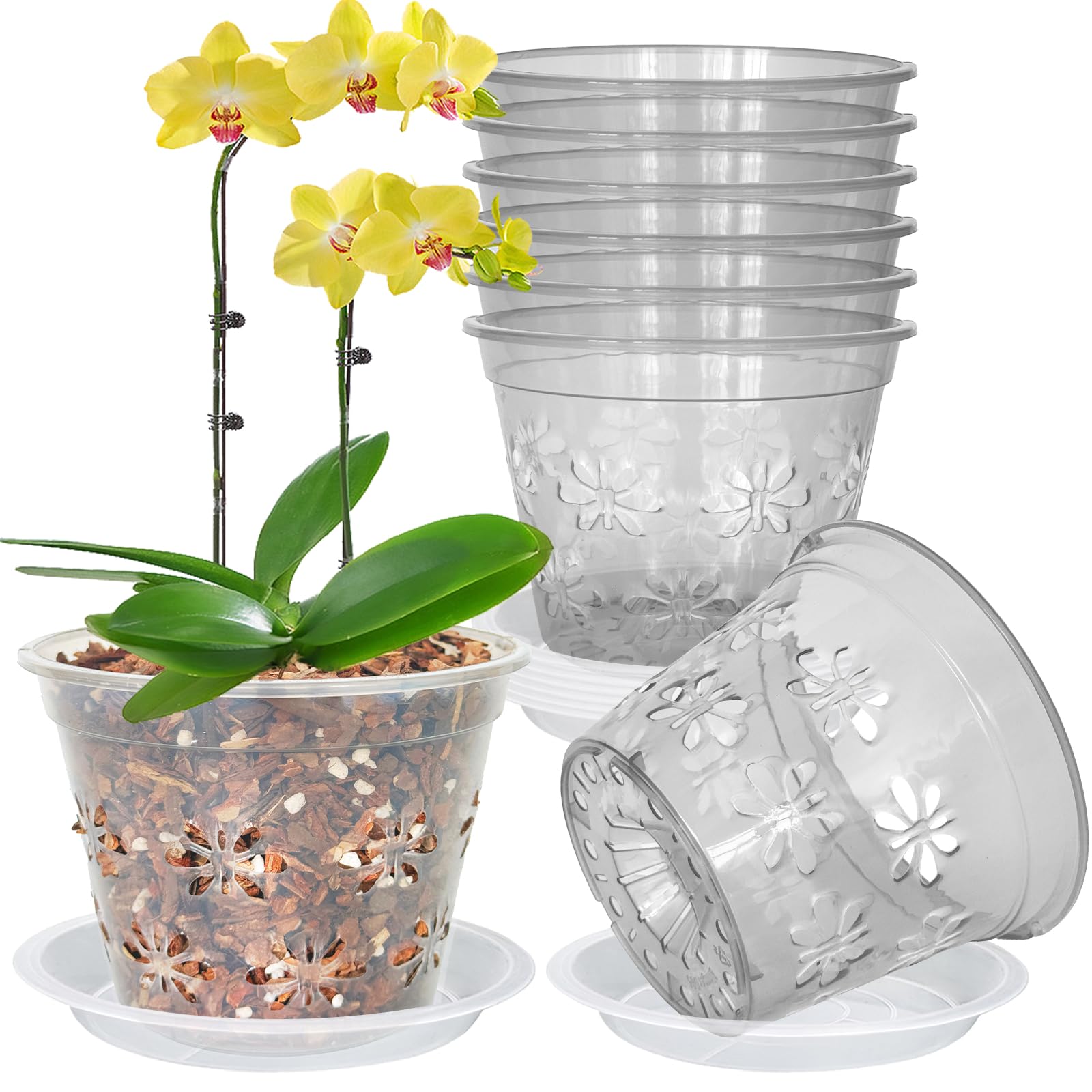 Orchid Pot, 8 Pack Orchid Pots with Holes & Saucers, Clear Plastic Pot for Repotting, Breathable Ventilation Planters for Phalaenopsis, Dendrobium & Oncidium Orchids(4 inch, Grey)